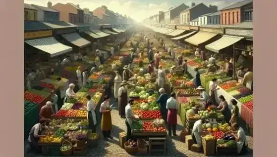 Bustling outdoor market with colorful fresh produce on display, diverse vendors engaging with shoppers under a clear blue sky.