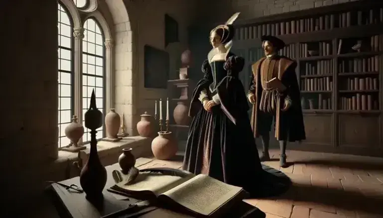 Escena renacentista con mujer y hombre en atuendos de época en una habitación iluminada por ventana semicircular, junto a estantería de madera y mesa con libro abierto.