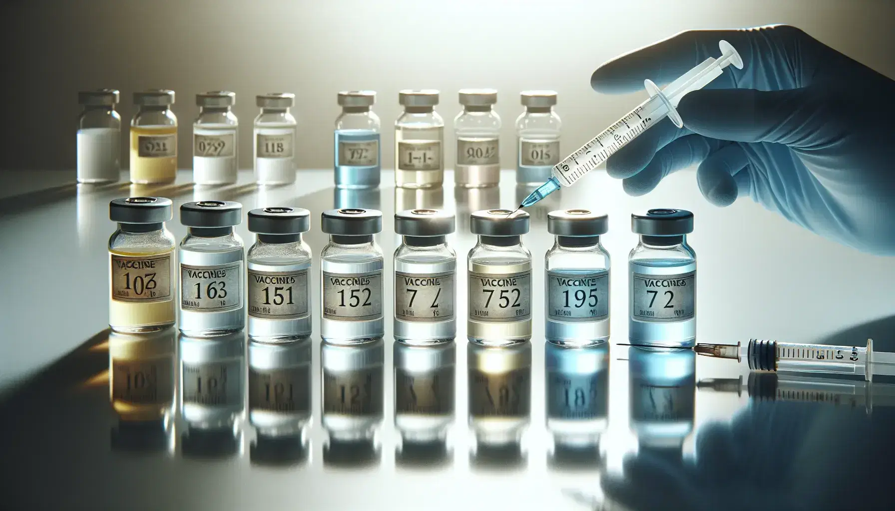 Frascos de vidrio con tapas metálicas conteniendo vacunas de colores variados en superficie blanca, junto a una jeringa y manos enguantadas en azul.