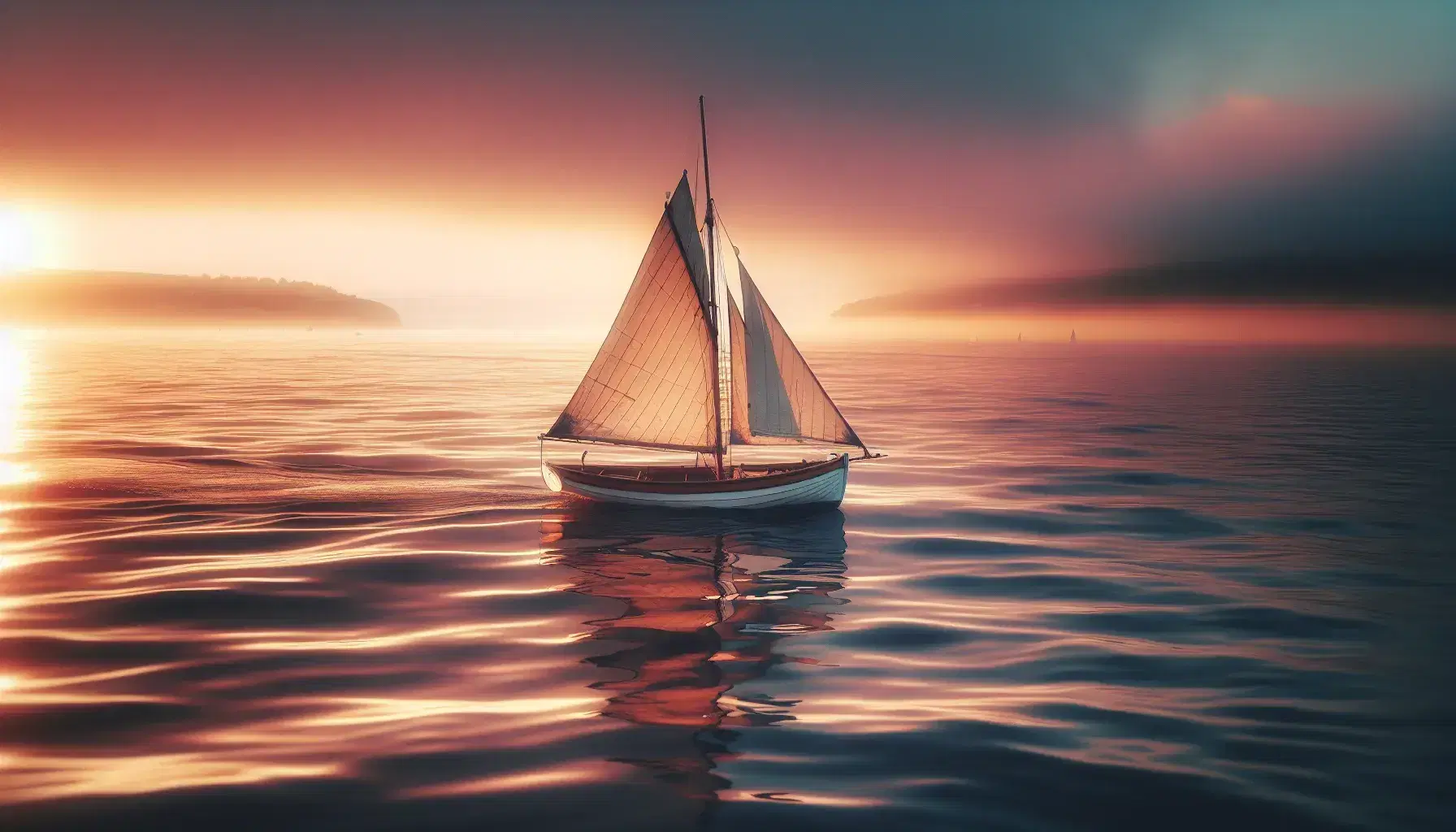 Vela bianca di una piccola barca a vela in legno che naviga in solitaria su un mare calmo al tramonto, con cielo rosa e arancione riflesso nell'acqua.