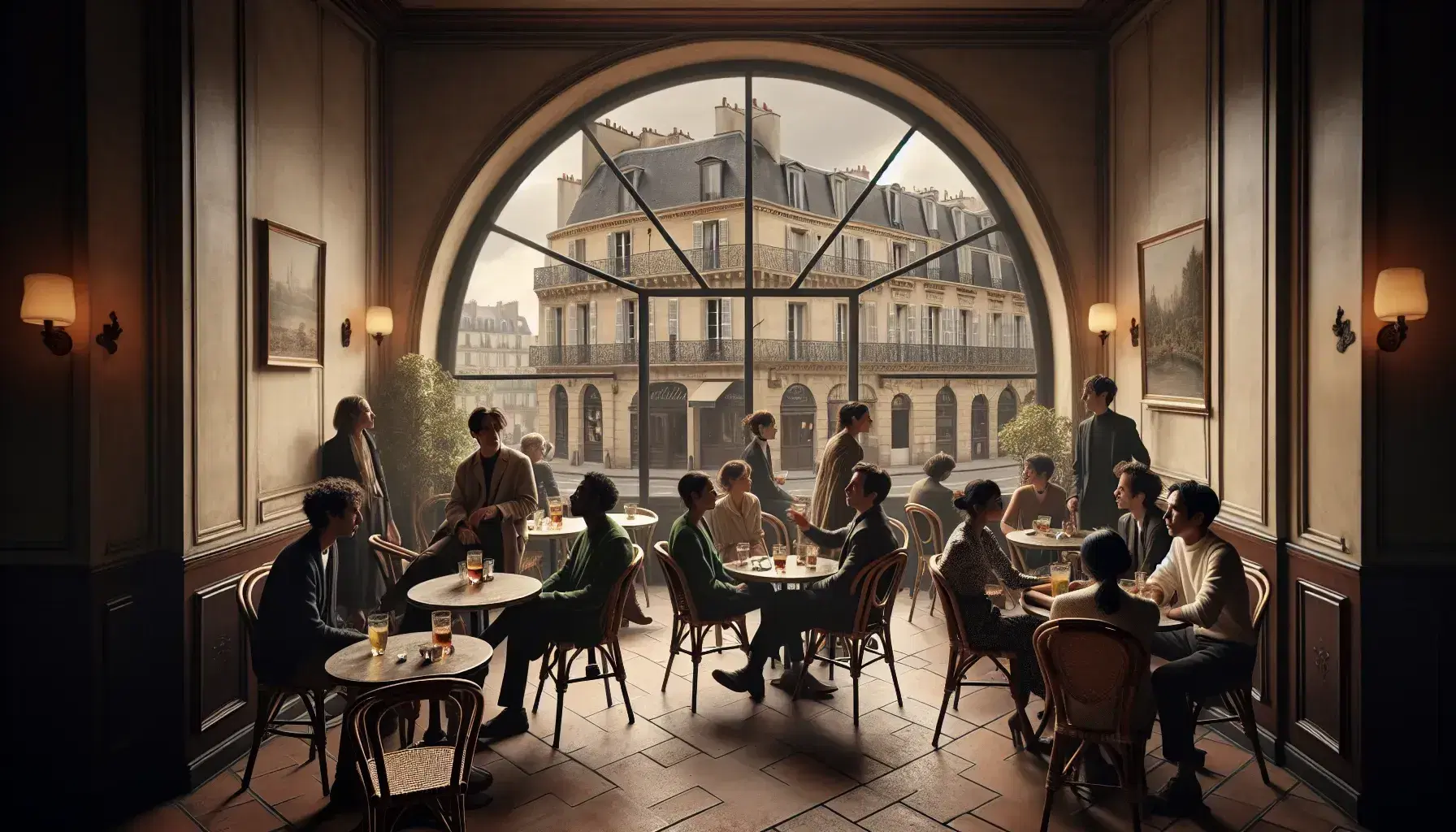 Diverse group engaged in lively discussion at a French café with terracotta floors, rattan chairs, and a view of a Haussmannian building.
