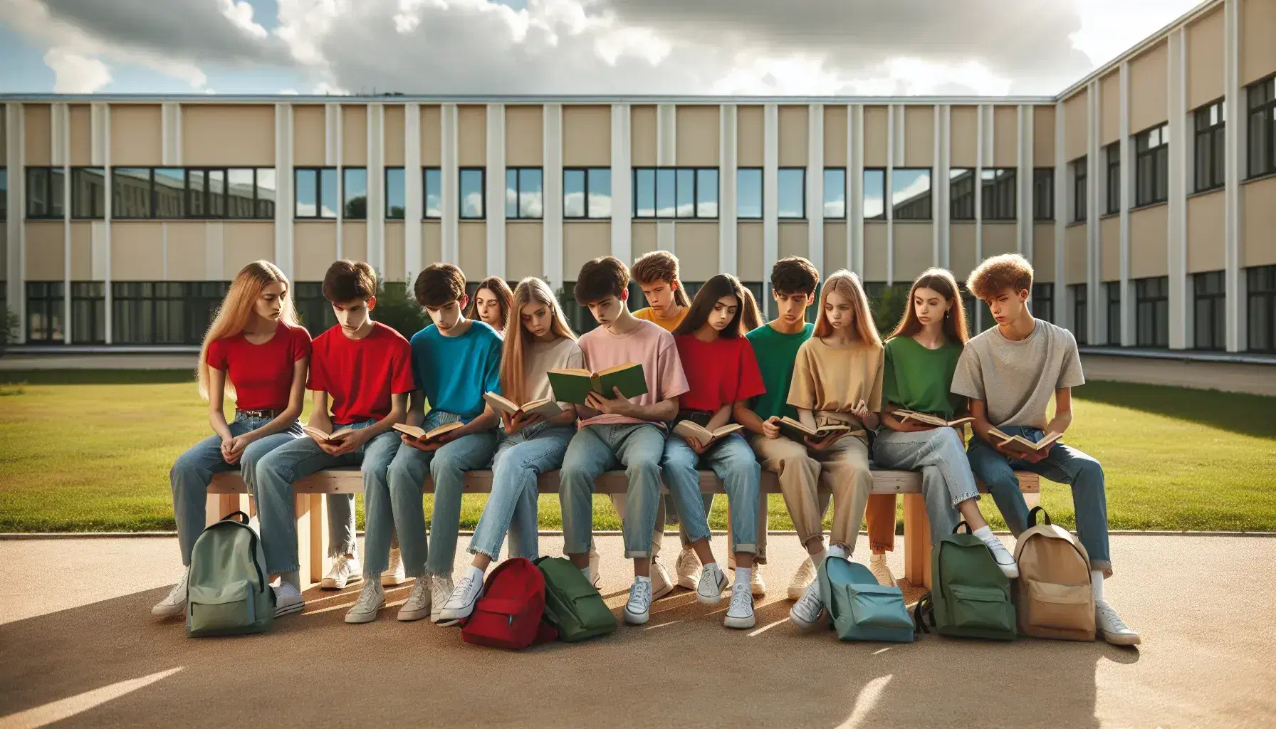 Studenti di varie etnie seduti su una panchina all'aperto, studiando insieme con libri, vicino a un edificio scolastico moderno.