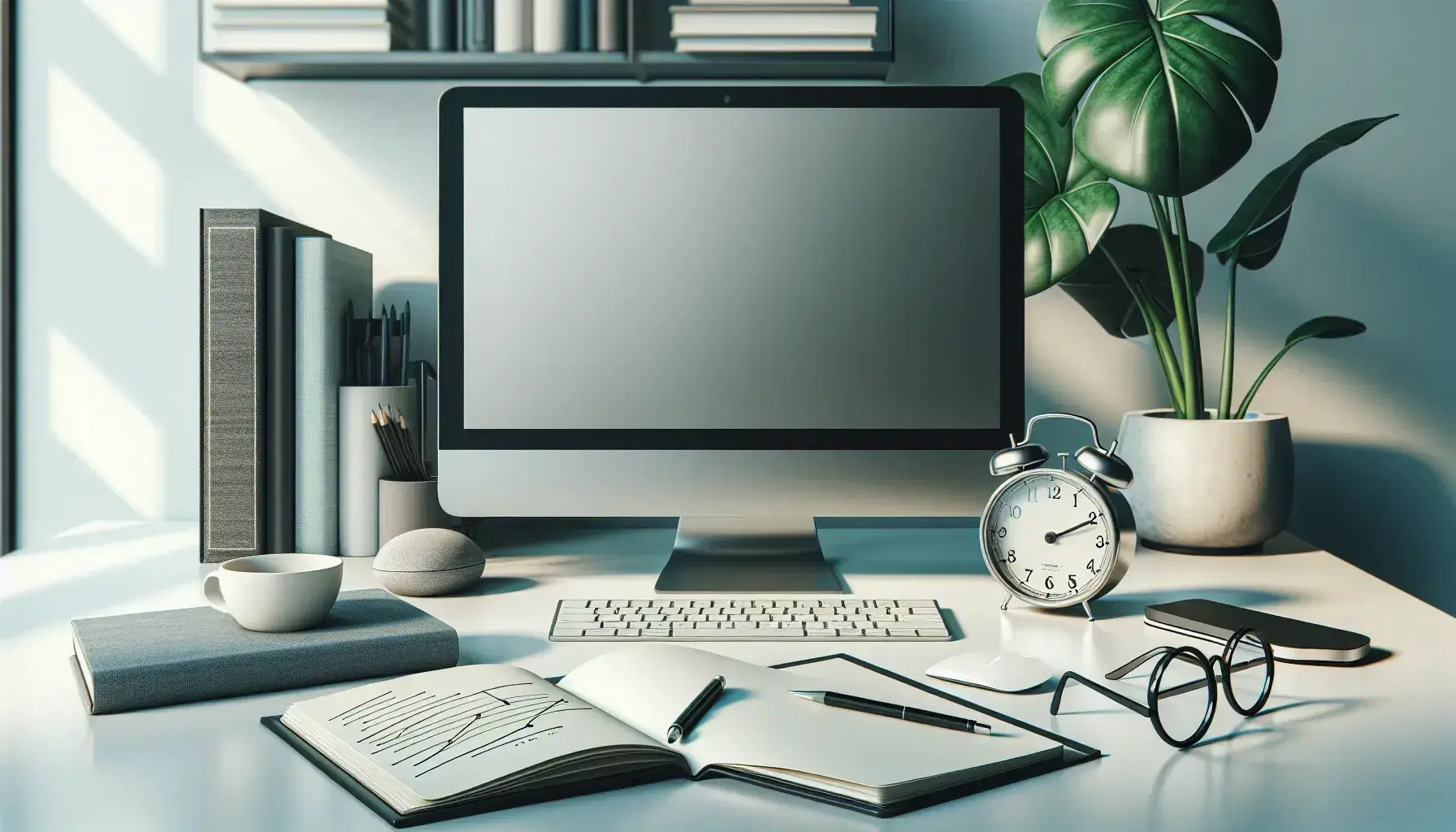 Modern office desk with computer, analog clock showing ten past ten, green potted plant, open notebook with graph, eyeglasses, stacked books, and a cup of coffee.