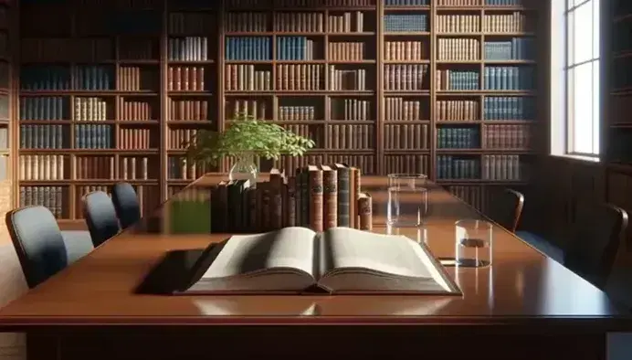 Organized library with a glossy wooden table featuring an open book and a beaker of liquid, surrounded by colorful bookshelves and a vibrant potted plant.