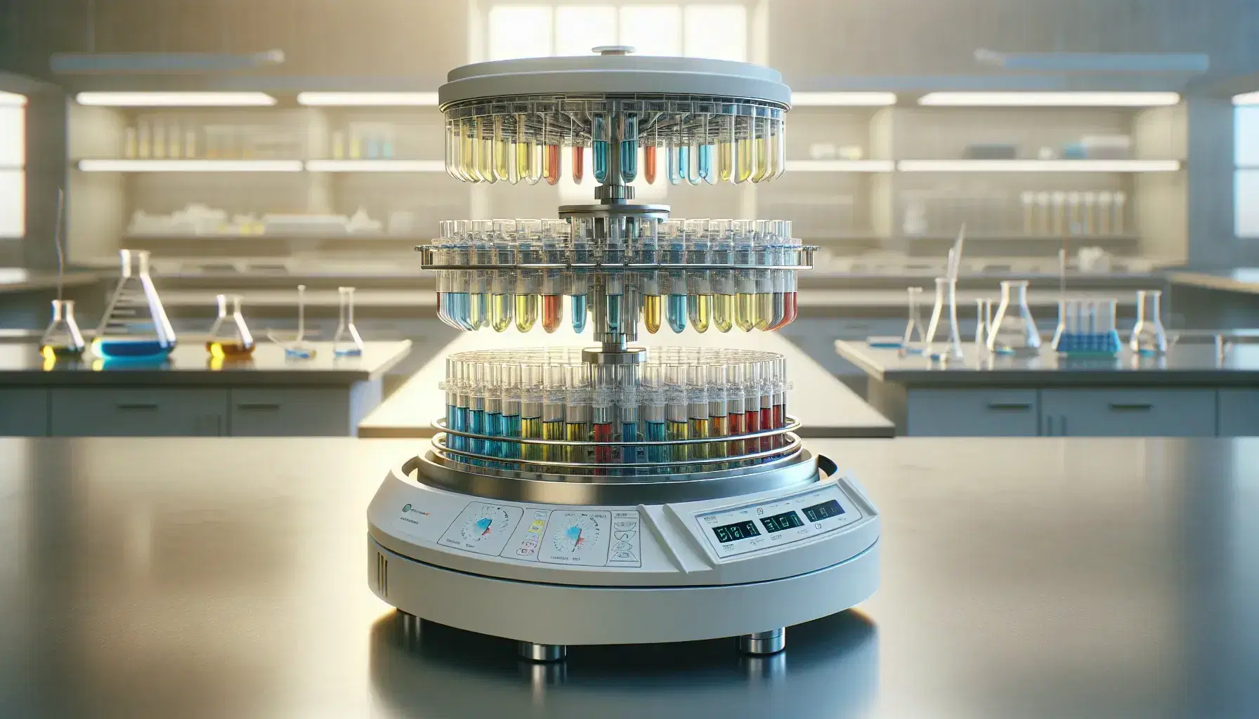 Centrifuga da laboratorio aperta con provette contenenti liquidi stratificati colorati su piano di lavoro chiaro, sfondo sfocato con attrezzature da laboratorio.