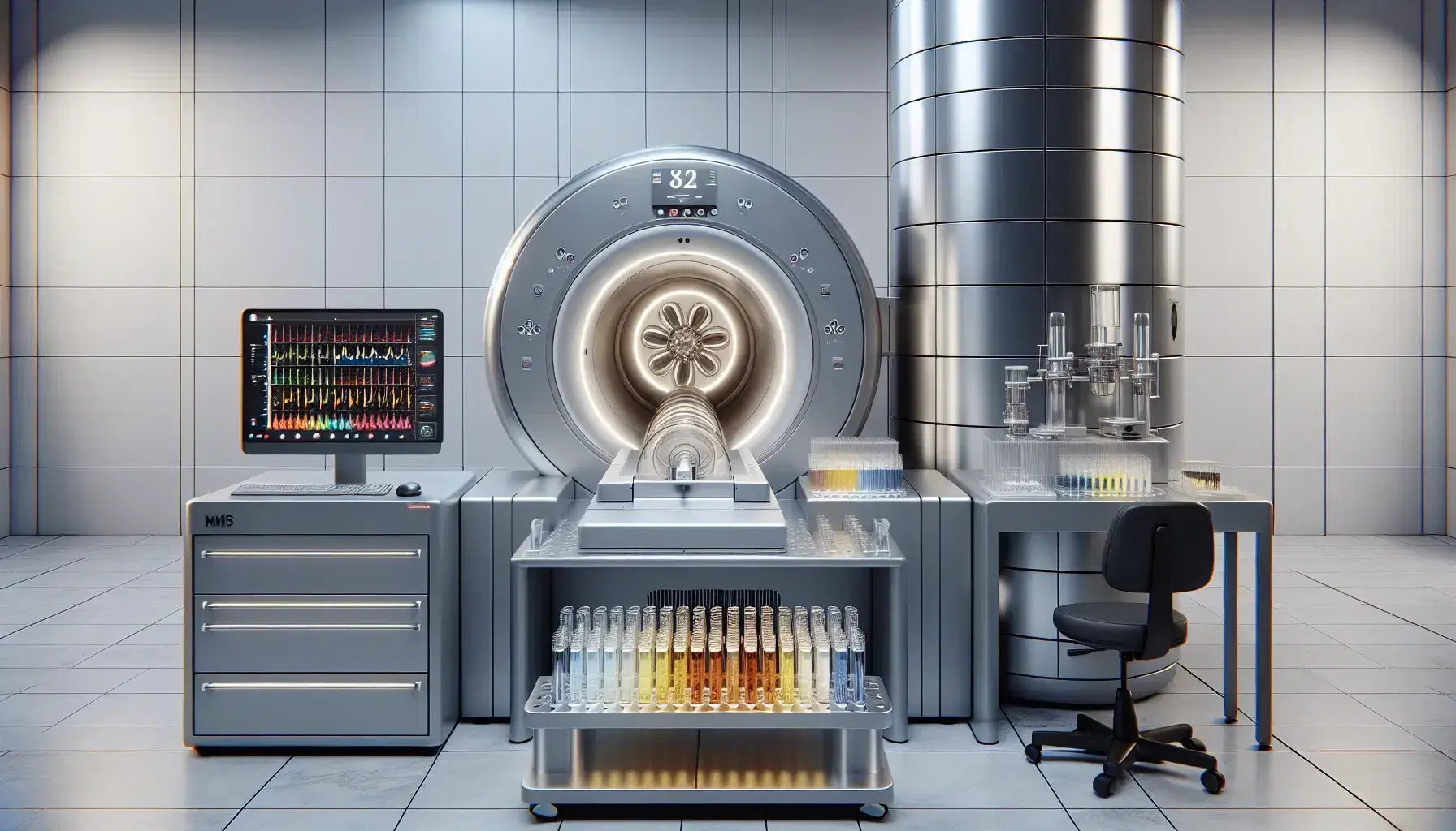 Modern nuclear magnetic resonance spectrometer in laboratory with test tubes containing colored liquids and computer with gradient graph.