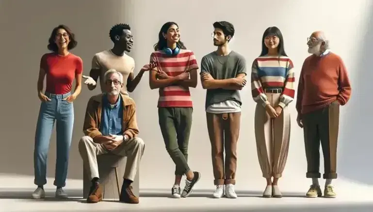 Cinco personas diversas en posturas expresivas sobre fondo neutro: mujer hispana sonriente, hombre negro pensativo, mujer asiática curiosa, joven caucásico con auriculares y anciano de Medio Oriente sereno.