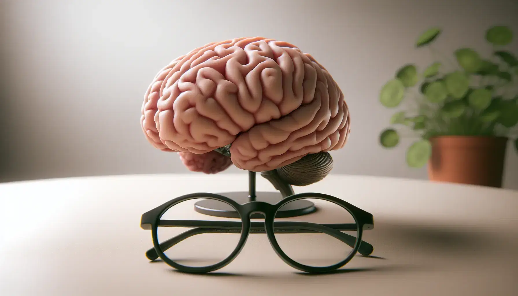 Detailed anatomical model of human brain in pink and beige tones with black glasses and green plant on neutral surface.