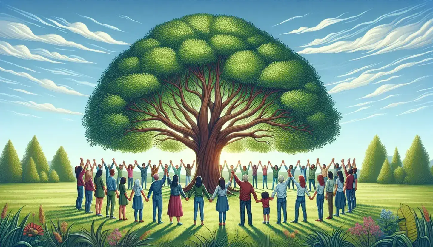 Diverse group of people holding hands in a semi-circle around a large tree in a sunny park, symbolizing unity and community in nature.