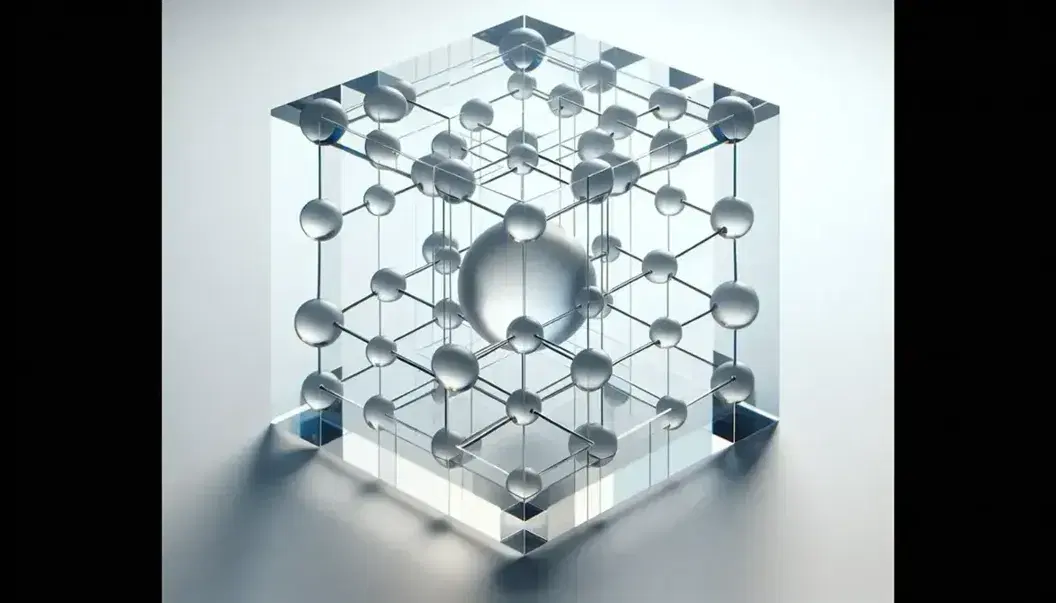 Three-dimensional transparent glass cube with grid structure and spherical nodes, suspended on white background with steel sphere in the center.