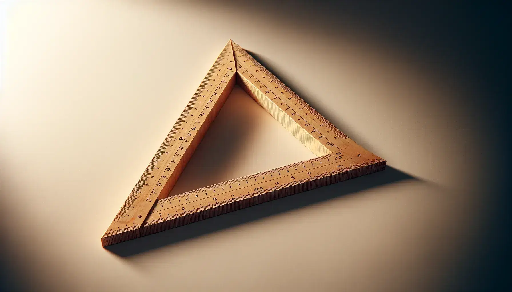 Right-angled triangle formed by three wooden rulers with a clear shadow on a white background, showcasing geometry concepts.