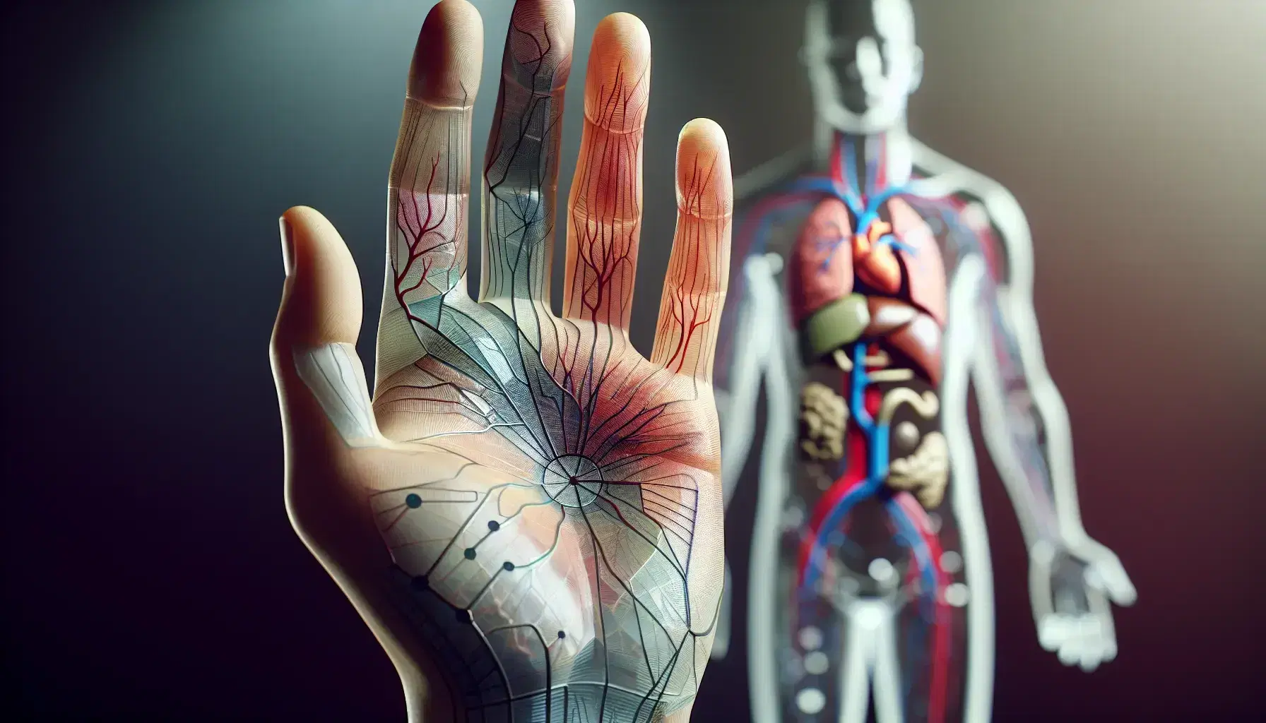 Mano umana aperta in primo piano con linee e impronte digitali visibili, sfondo sfocato mostra figura umana trasparente con organi interni.