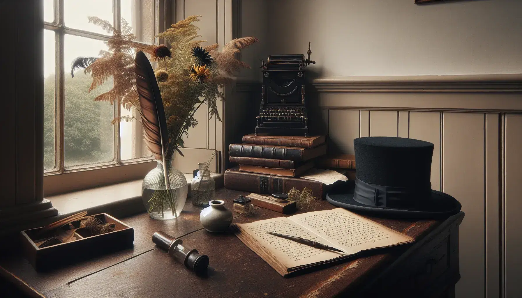 Scrivania in legno scuro con calamaio antico, piuma, libro rilegato in pelle, vaso di fiori selvatici e cappello da professore d'epoca.