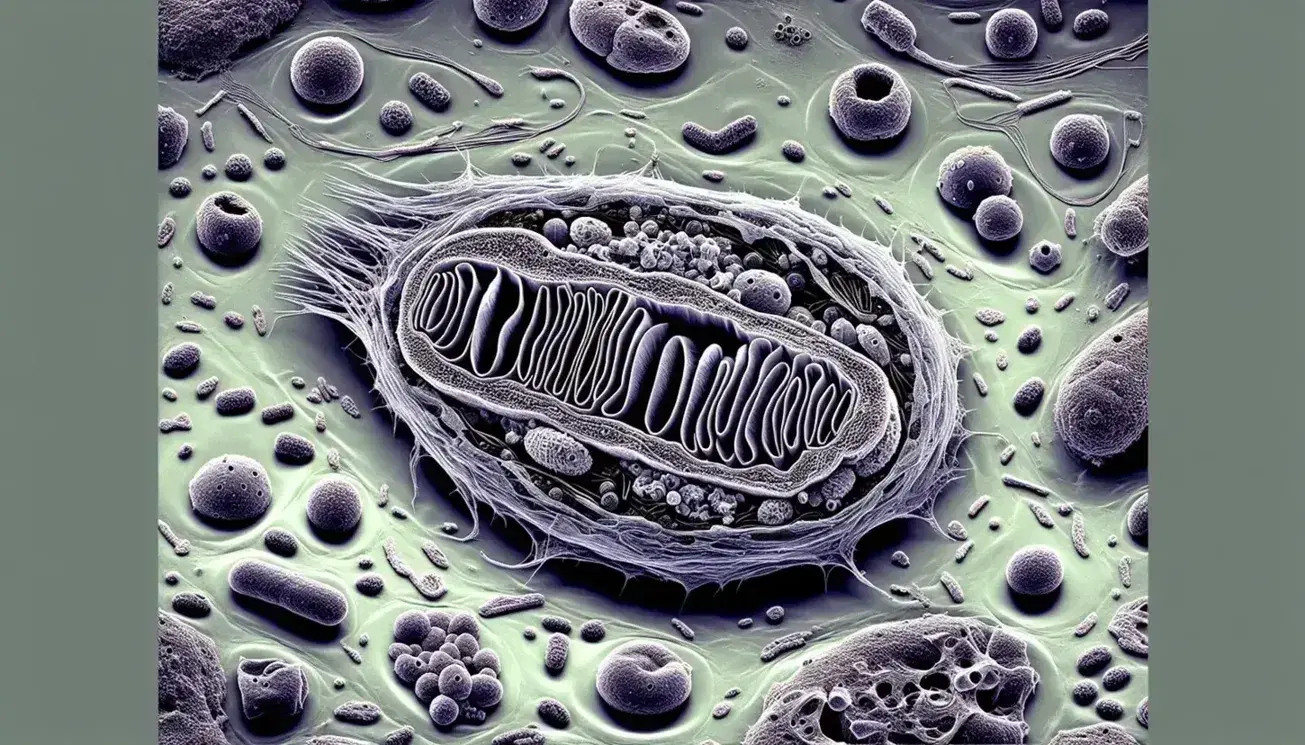 Microfotografia elettronica di una cellula eucariotica animale con nucleo, nucleoli, mitocondri, citoscheletro e vescicole.