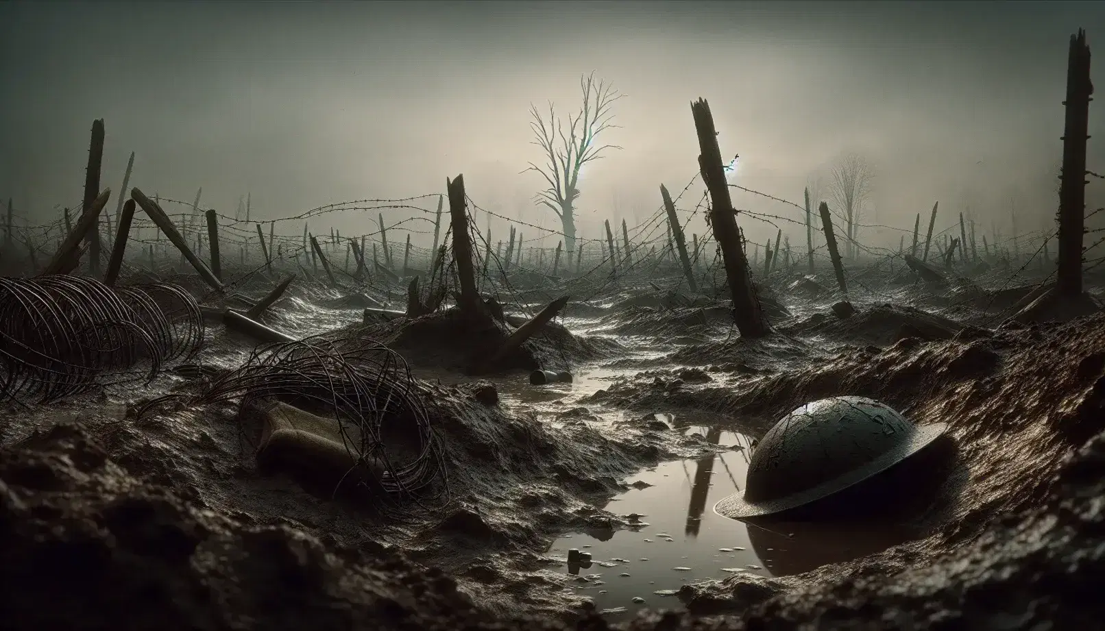Somber WWI battlefield with muddy shell craters, barbed wire, shattered trees, and a lone soldier walking towards eroded trenches under a gray sky.