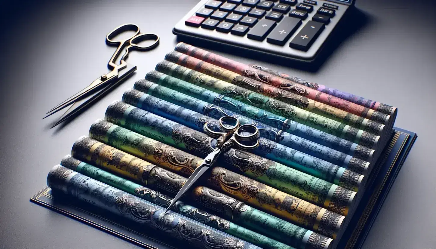 Stacked bond certificates in gradient colors from blue to pink with a calculator and metal scissors on a dark wooden desk, under soft lighting.