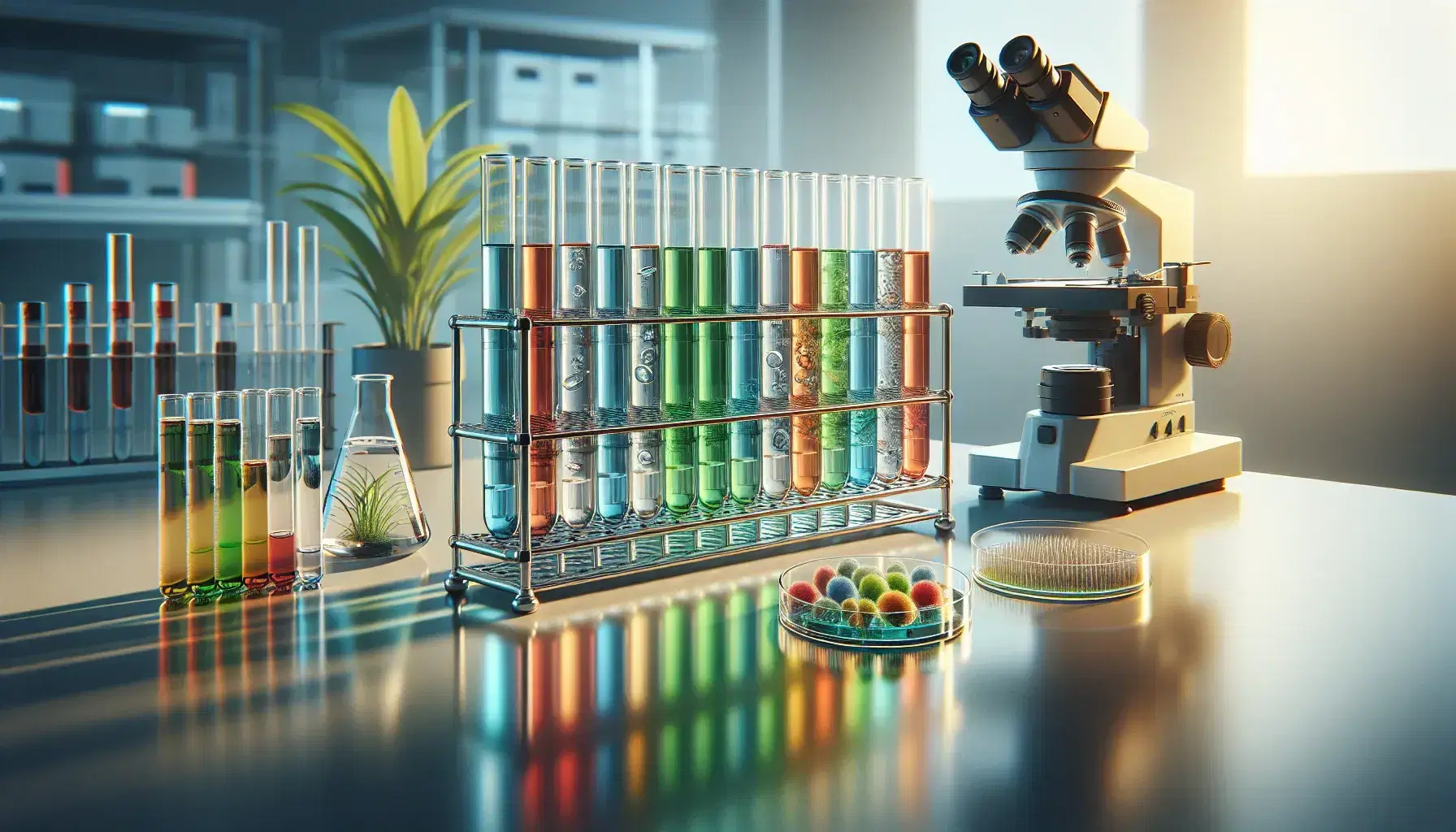 Tubi da laboratorio con liquidi colorati su supporto metallico, microscopio sfocato sullo sfondo e coltura cellulare in piastra di Petri.