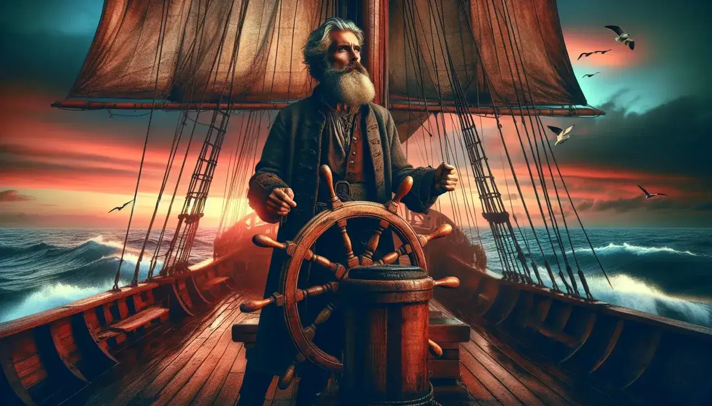 Aged bearded captain steering a wooden sailing ship at sunset, with unfurled sails against a gradient sky and white-capped waves.