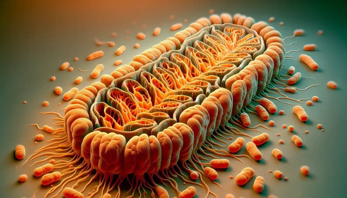Network of interconnected mitochondria in a cell, with double membranes and internal cristae, in shades of orange and red on a pale yellow background.