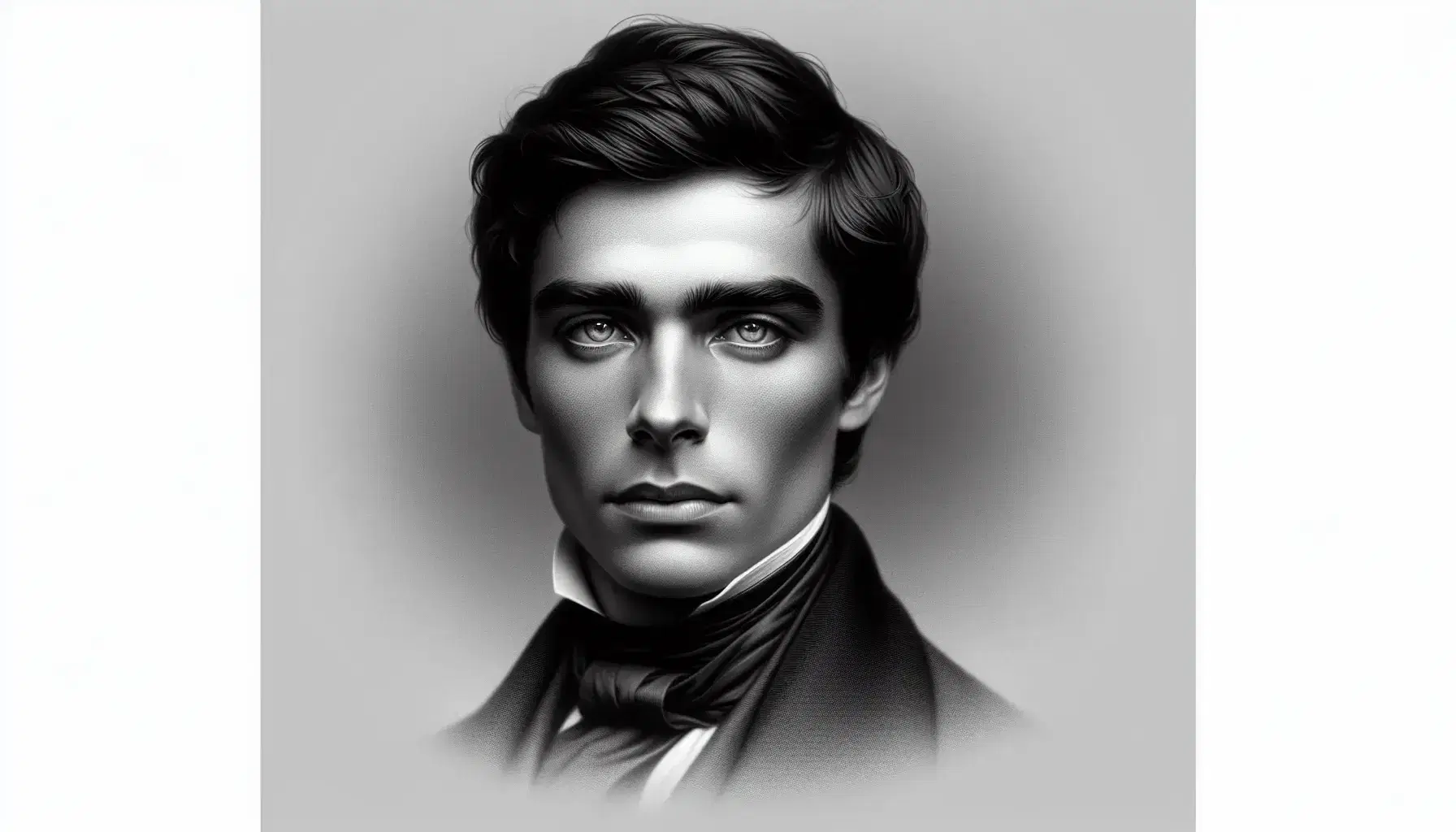Ritratto in bianco e nero di uomo con capelli scuri tirati indietro, sguardo intenso, abito scuro d'epoca e cravatta, su sfondo sfumato.