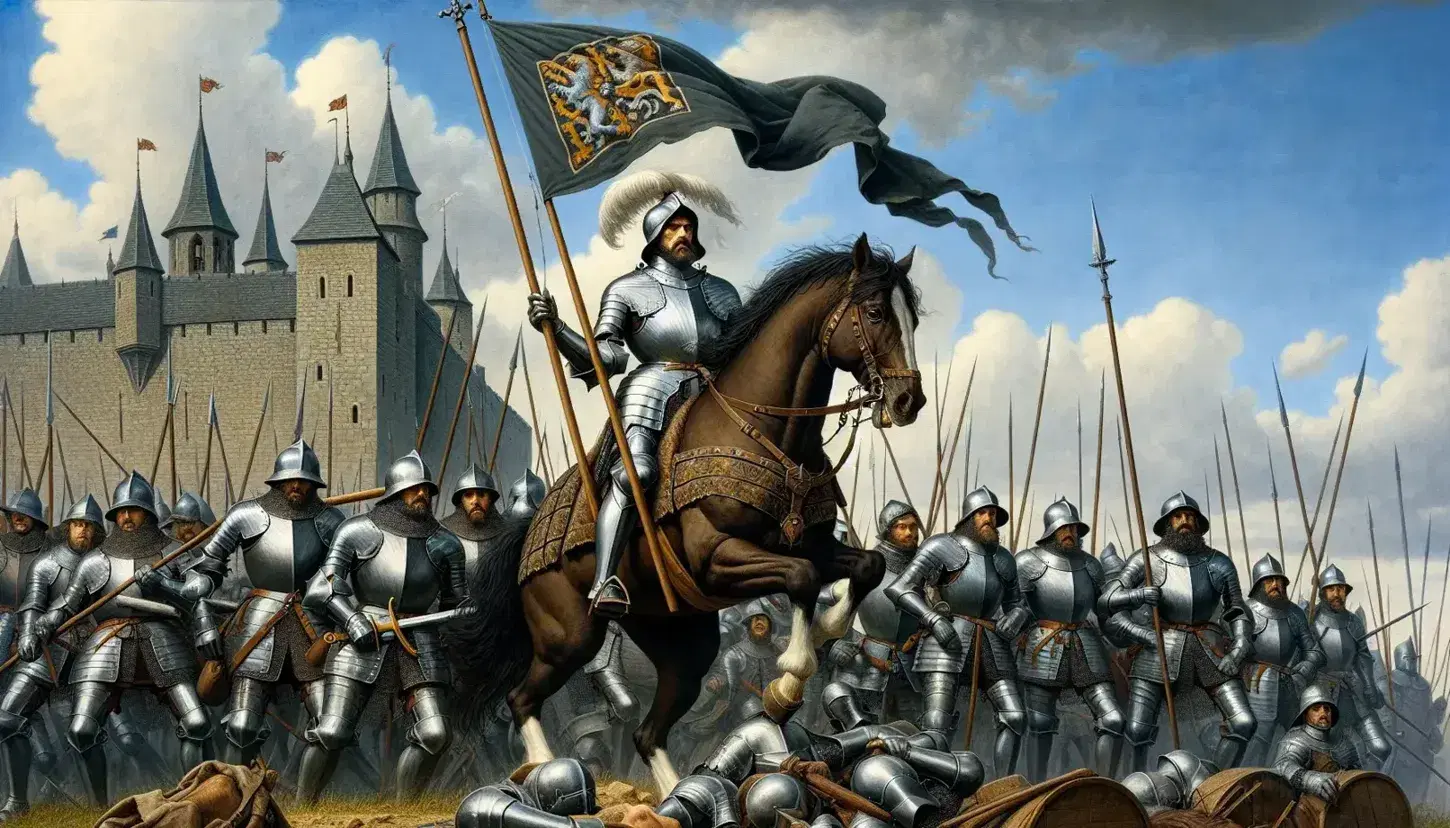 Escena de batalla del siglo XVI con soldados armados y un caballero a caballo portando una bandera, ante un castillo medieval y cielo azul.
