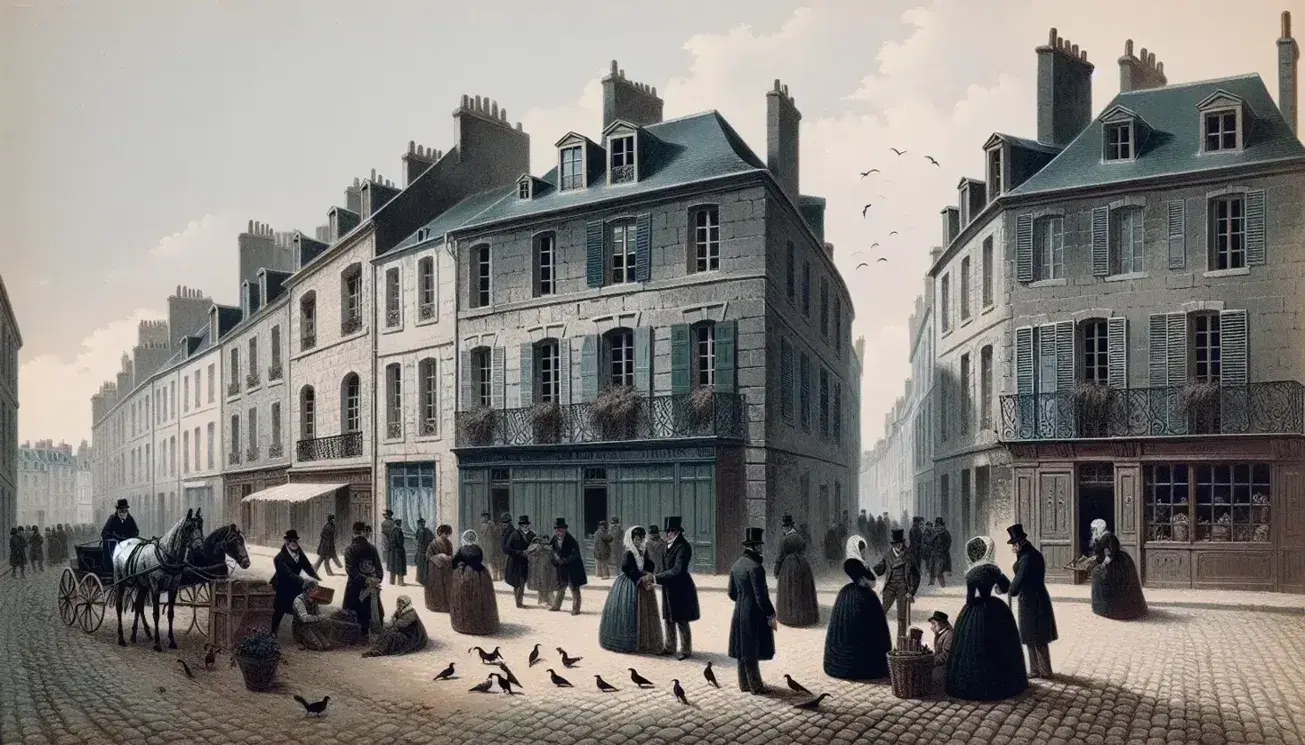 Mid-19th century French street scene with cobblestone roads, stone buildings with iron balconies, pedestrians in period attire, and a horse-drawn carriage.