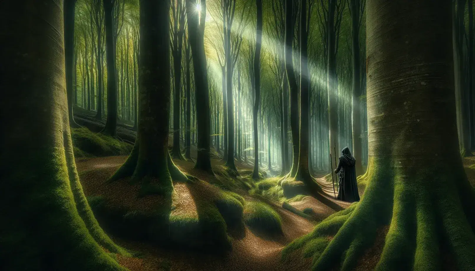 Foresta mistica con alberi maestosi, muschio, foglie cadute, sentiero naturale, figura umana in abiti medievali e ruscello scintillante.