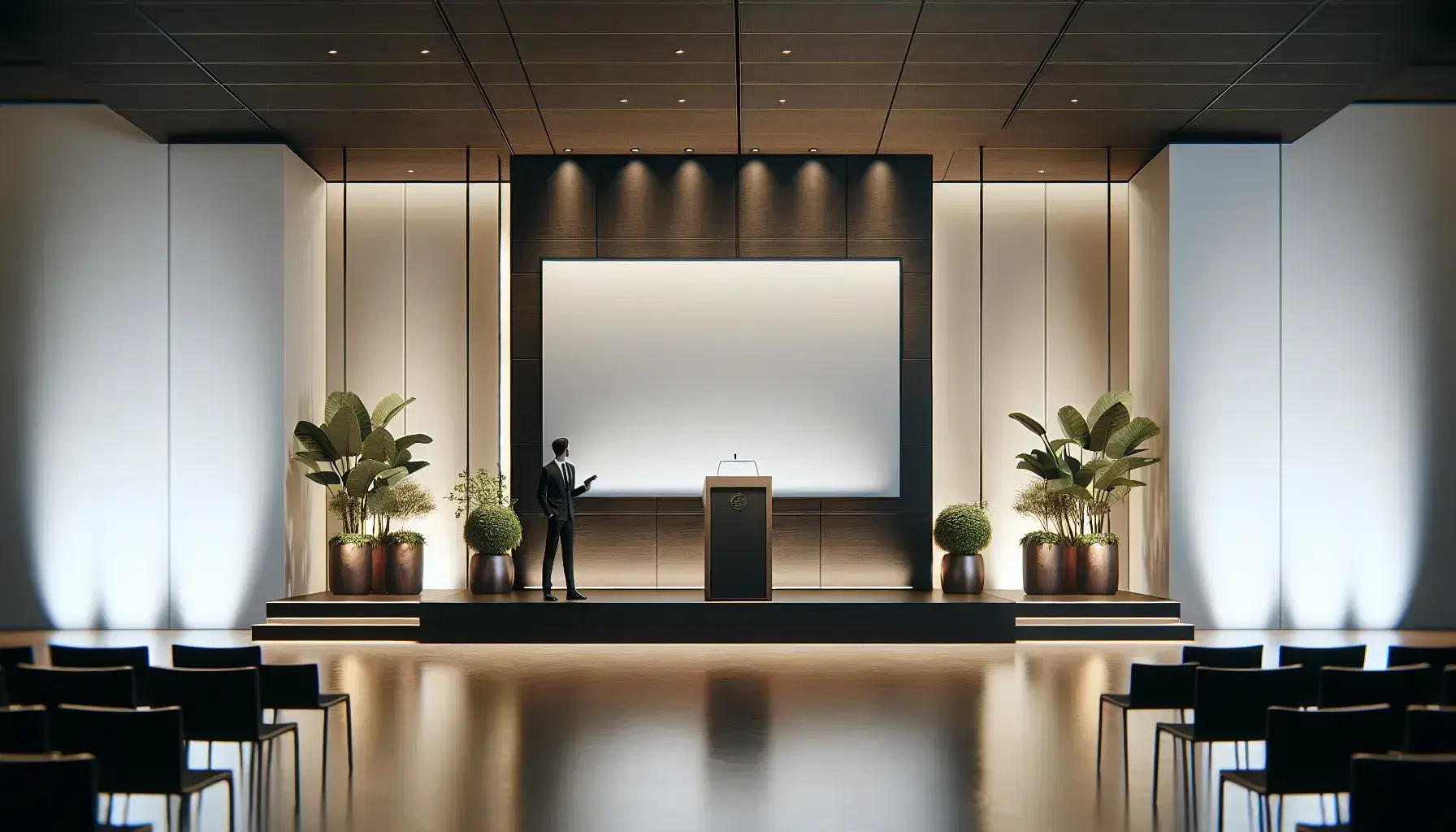 Escenario de conferencia con pantalla blanca, podio de madera oscuro y persona de pie a la derecha, rodeados de plantas verdes y iluminación de focos.