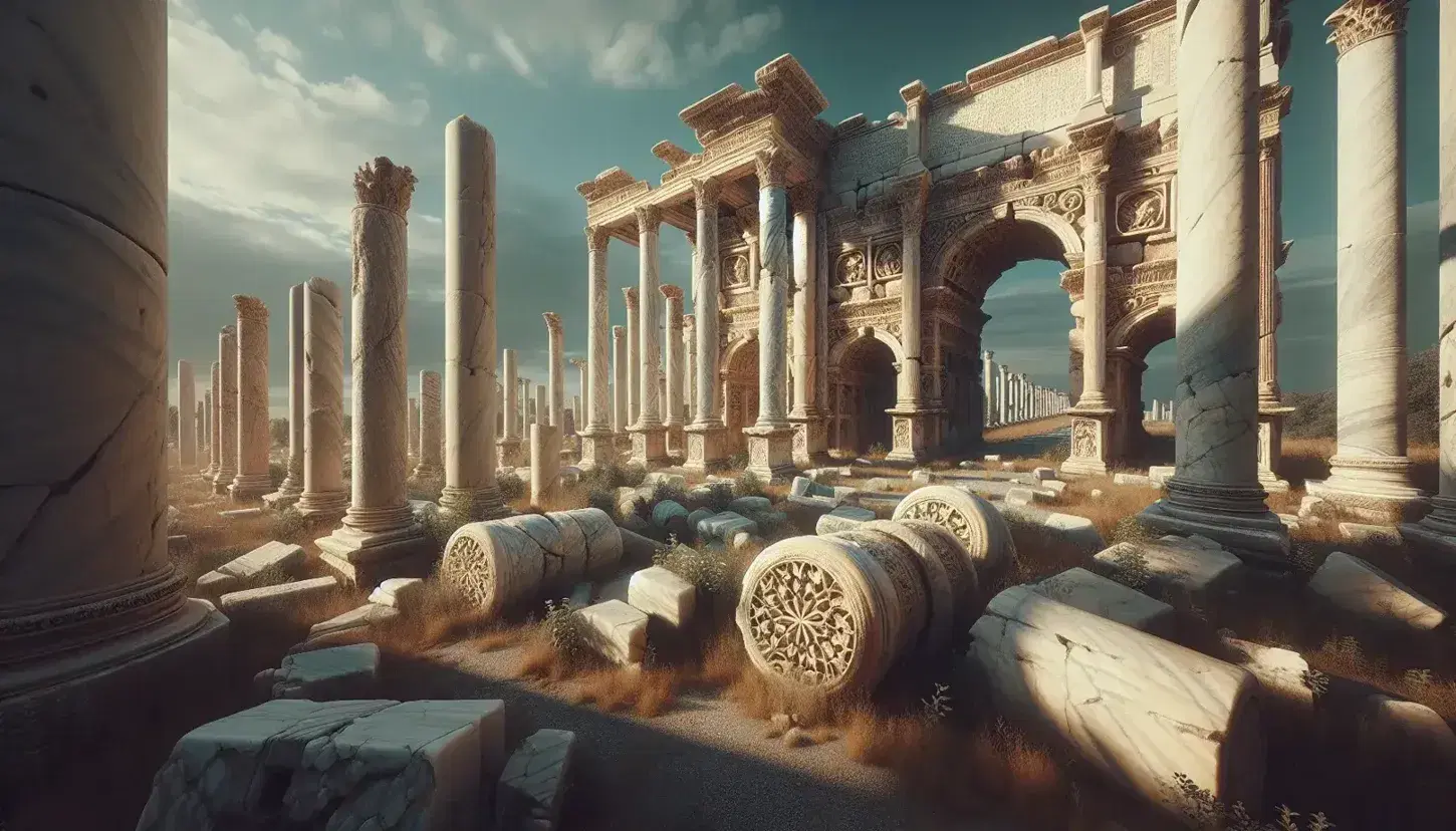 Ruinas antiguas con columnas de mármol y arco triunfal parcialmente conservado bajo cielo azul claro.