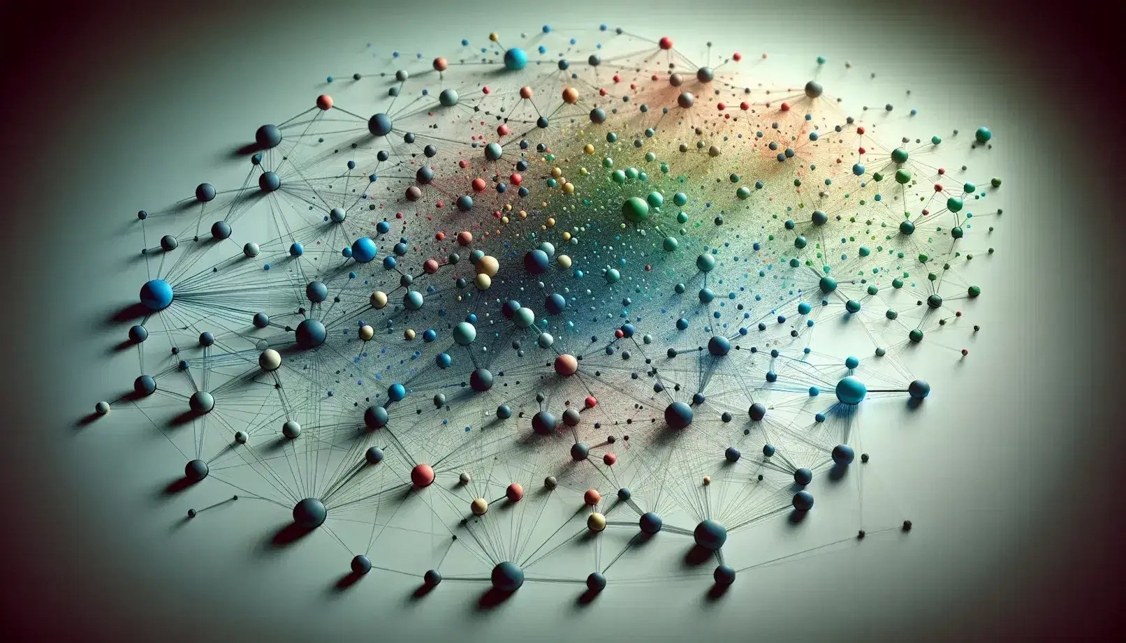 Network of interconnected nodes with lines of varying thickness in shades of blue, green, red and yellow on gradient background, graph theory representation.