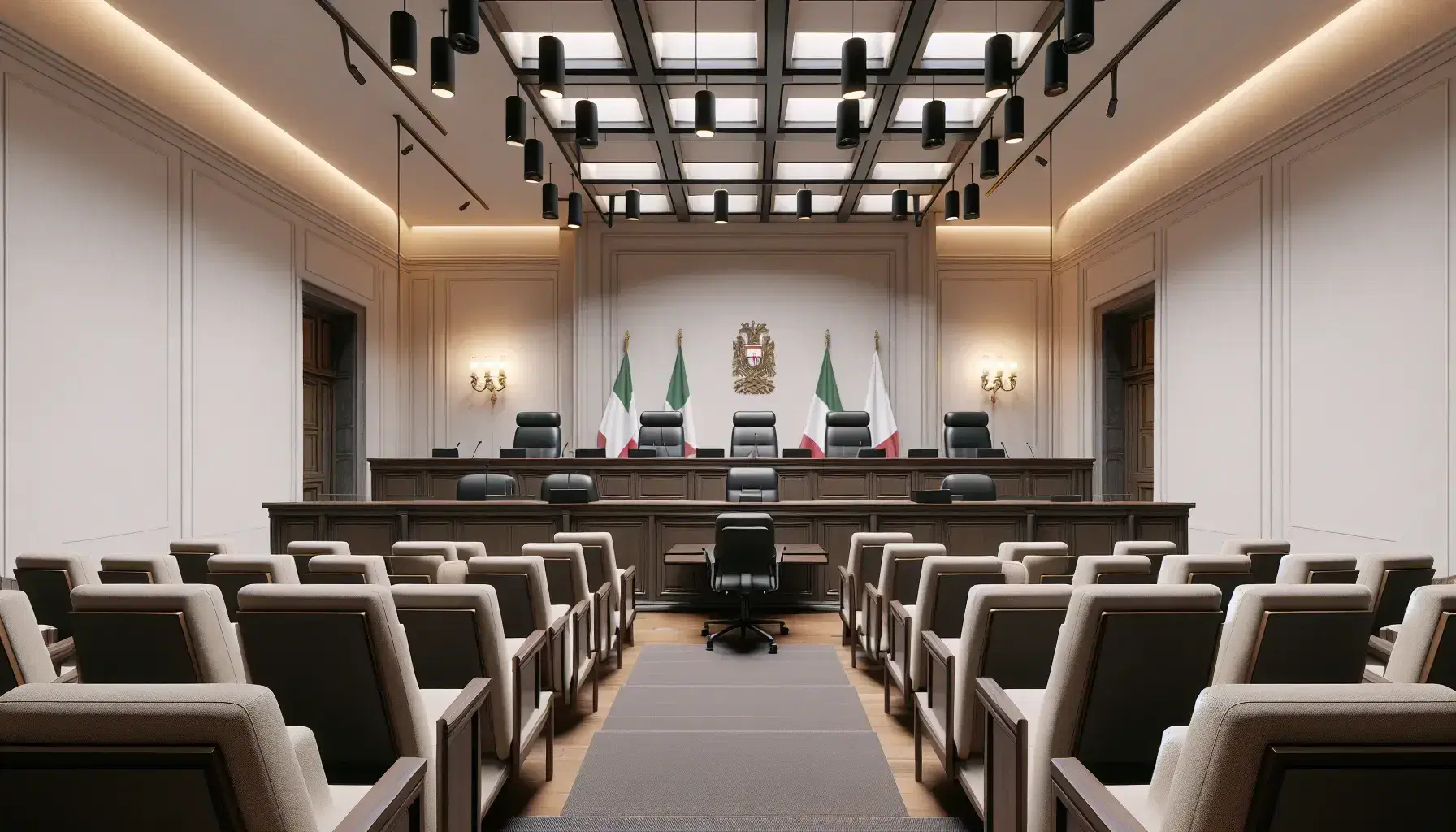 Interno arioso e luminoso di un'aula di tribunale amministrativo regionale con panche giudice in legno scuro, sedie per il pubblico e bandiere italiane.