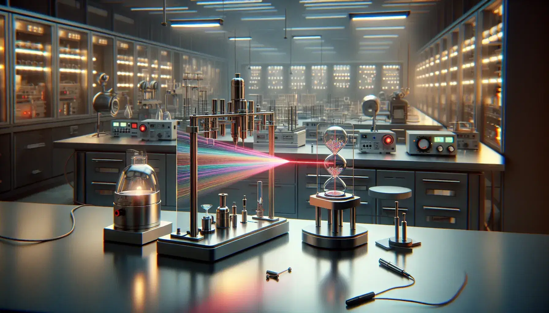Laboratorio di fisica moderno con laser rosso, prisma di vetro che disperde la luce in arcobaleno e tubi di gas colorati.