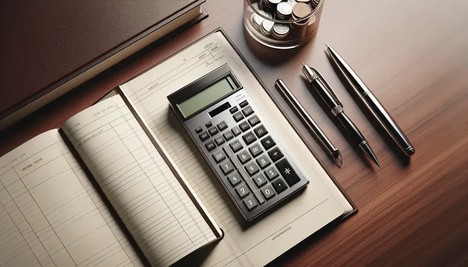 Organized office desk with calculator, open ledger book, silver pen, jar of mixed coins, and potted green plant on mahogany surface.