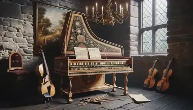 Clavicembalo barocco con intarsi e decorazioni floreali, candelabro in ottone e violino su supporto di velluto rosso in una stanza storica.
