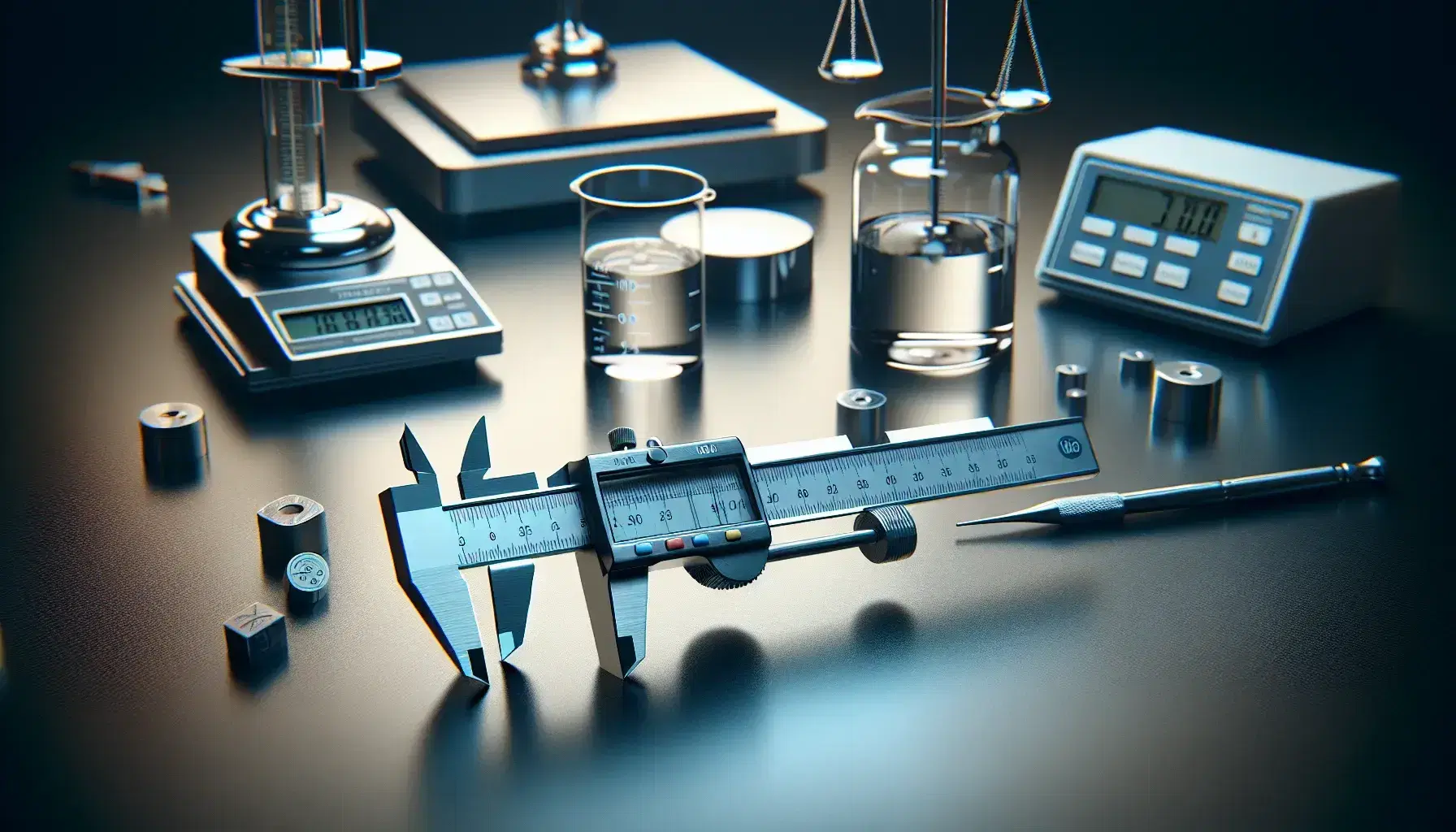 Strumenti di misurazione scientifici su tavolo da laboratorio, inclusi calibro vernier in acciaio, termometro a mercurio e bilancia analitica digitale.