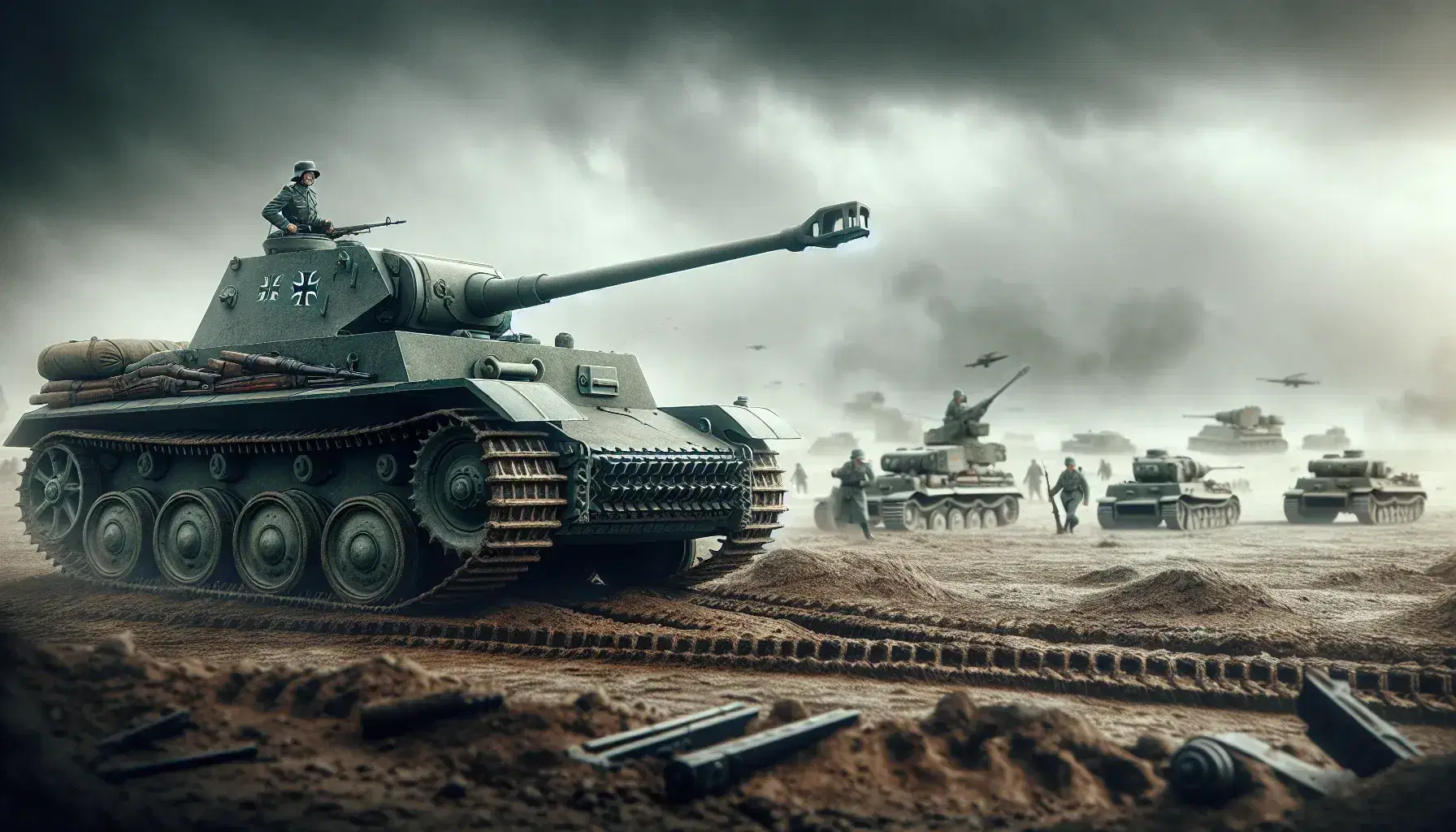 Carro armato tedesco Panzer in primo piano su terreno polveroso con soldati e veicoli militari sfocati sullo sfondo sotto un cielo nuvoloso.