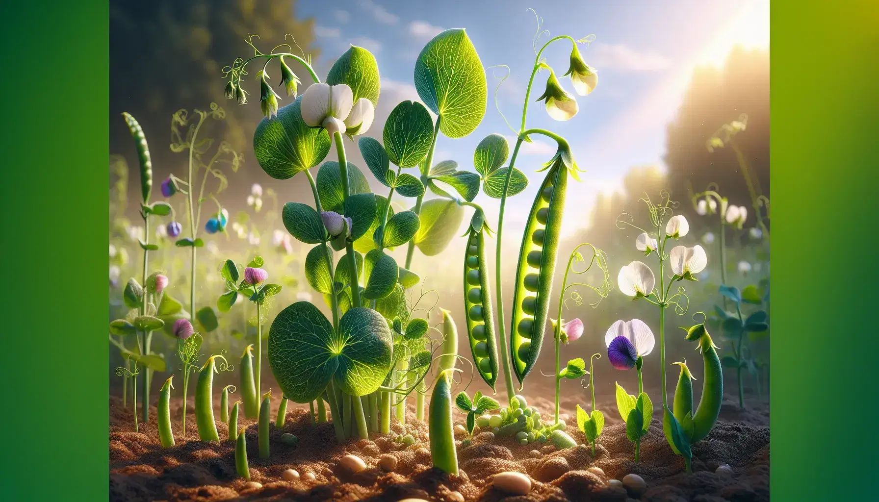 Plantas de guisantes en diferentes etapas de crecimiento, con vainas verdes y guisantes visibles, flores blancas y moradas, y brotes jóvenes, bajo un cielo azul.