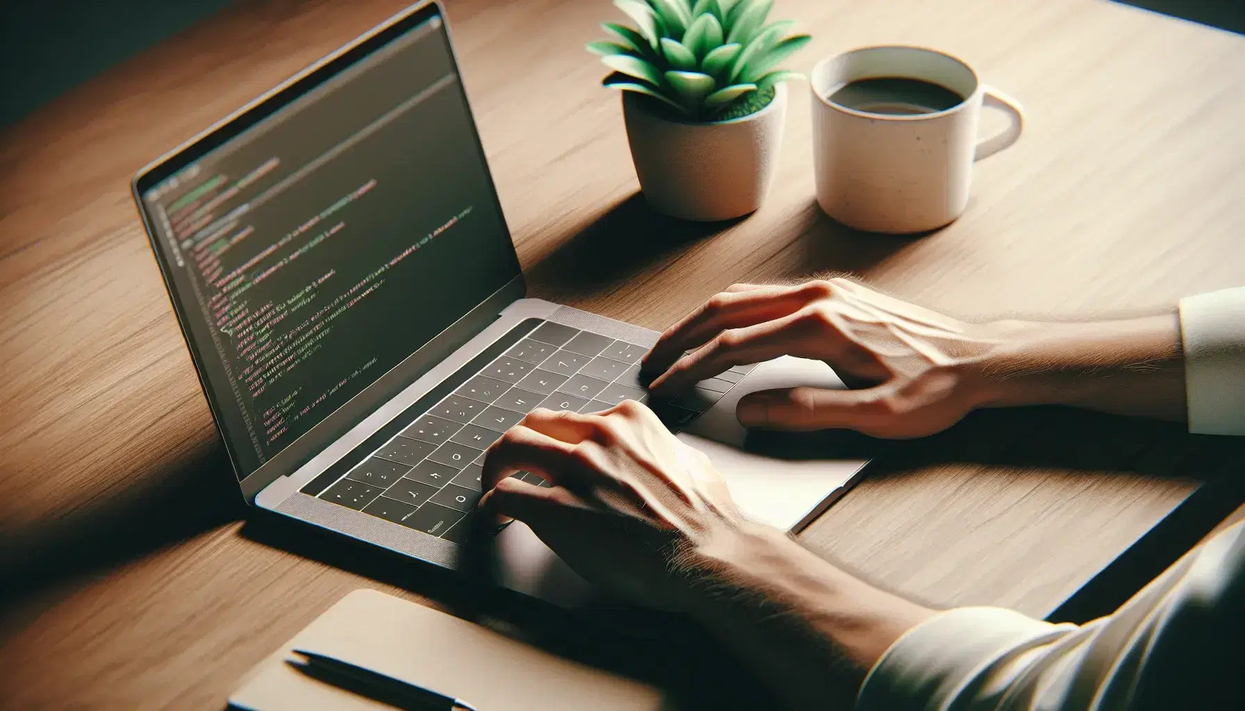 Hands typing on laptop keyboard on wooden desk with green plant and white cup, calm and blurred interior environment.