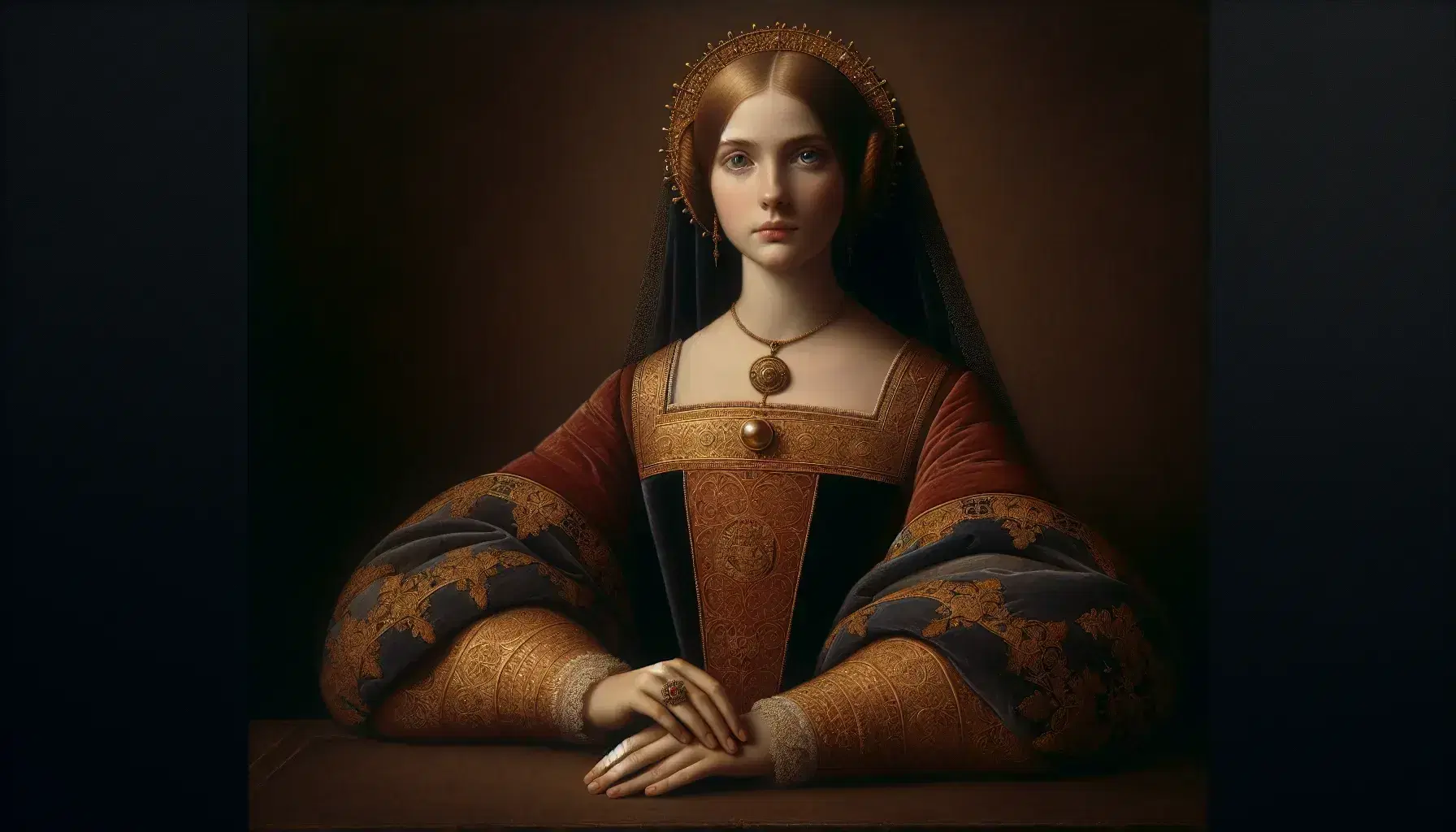 Retrato artístico de Isabel la Primera de Castilla con vestido renacentista rojo oscuro y manto azul adornados en oro, portando corona y cetro real.