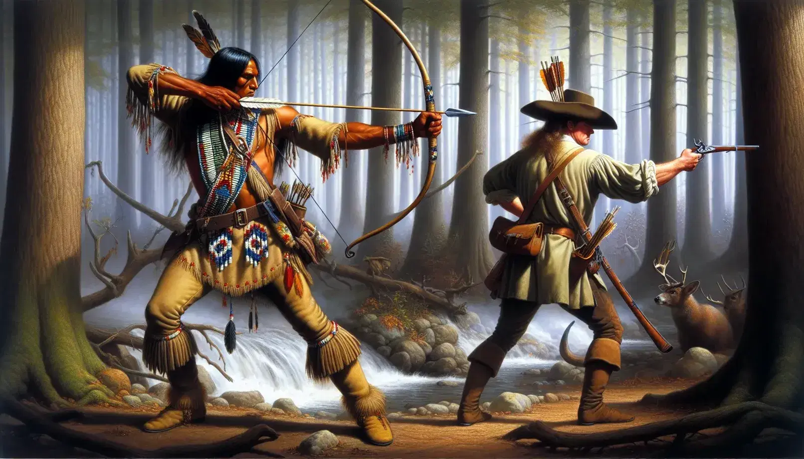 Native American warrior with bow and colonial settler with musket in a tense standoff amidst an autumnal New England forest, hinting at King Philip's War.