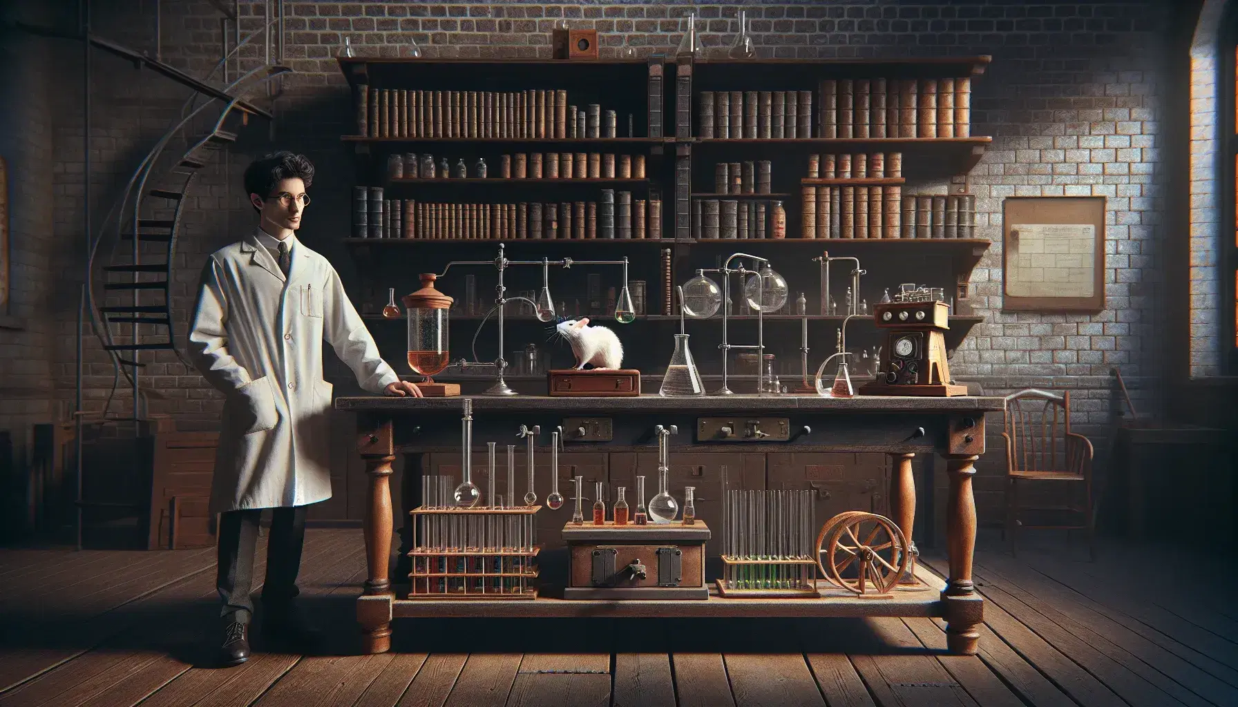 Laboratorio scientifico antico con tavolo di legno, strumenti di vetro, scienziato che osserva un ratto bianco in gabbia e libri antichi sullo scaffale.