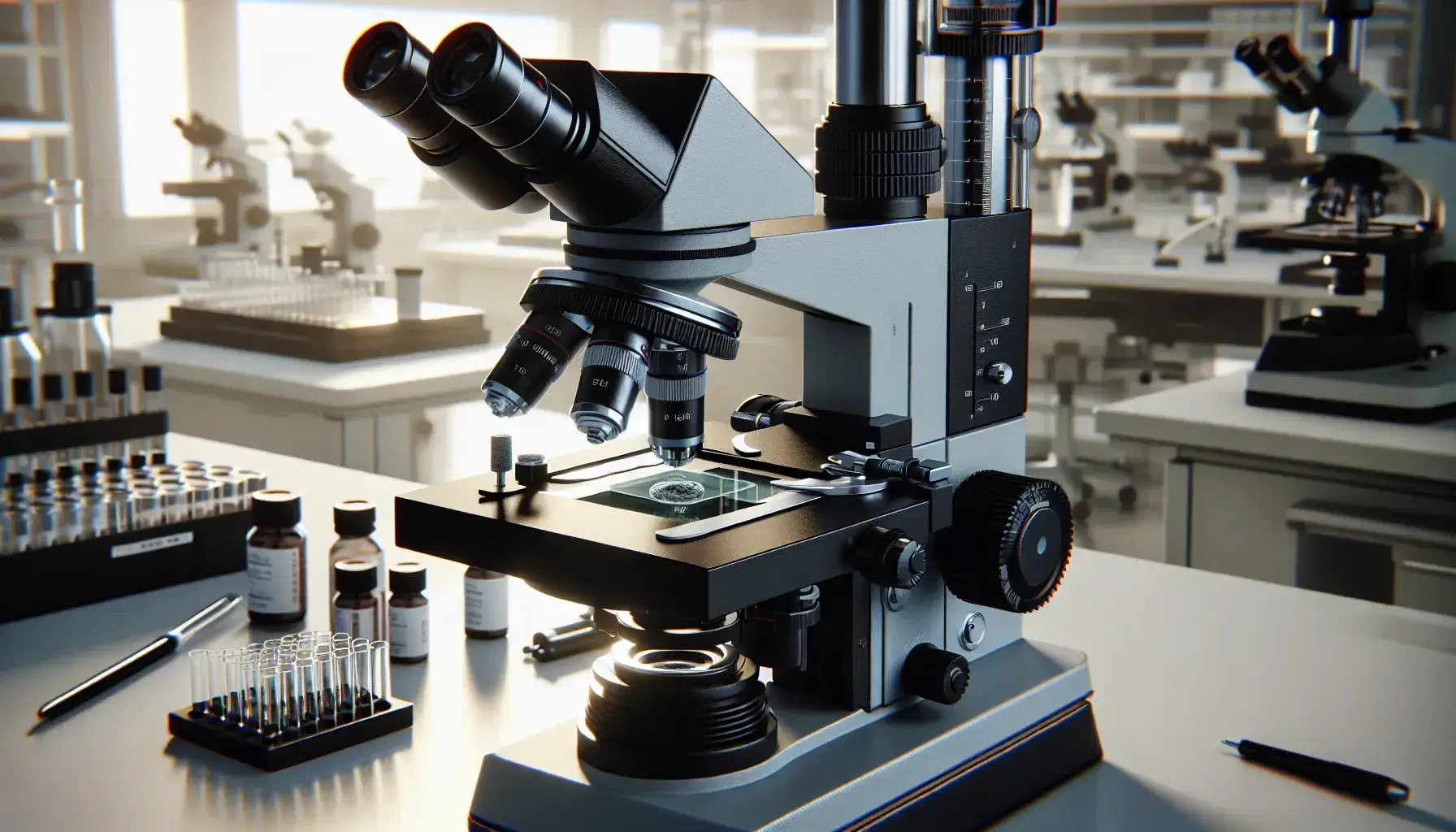 Microscopio óptico de laboratorio con base negra, ajustes plateados y objetivos intercambiables, sobre una muestra en portaobjetos.
