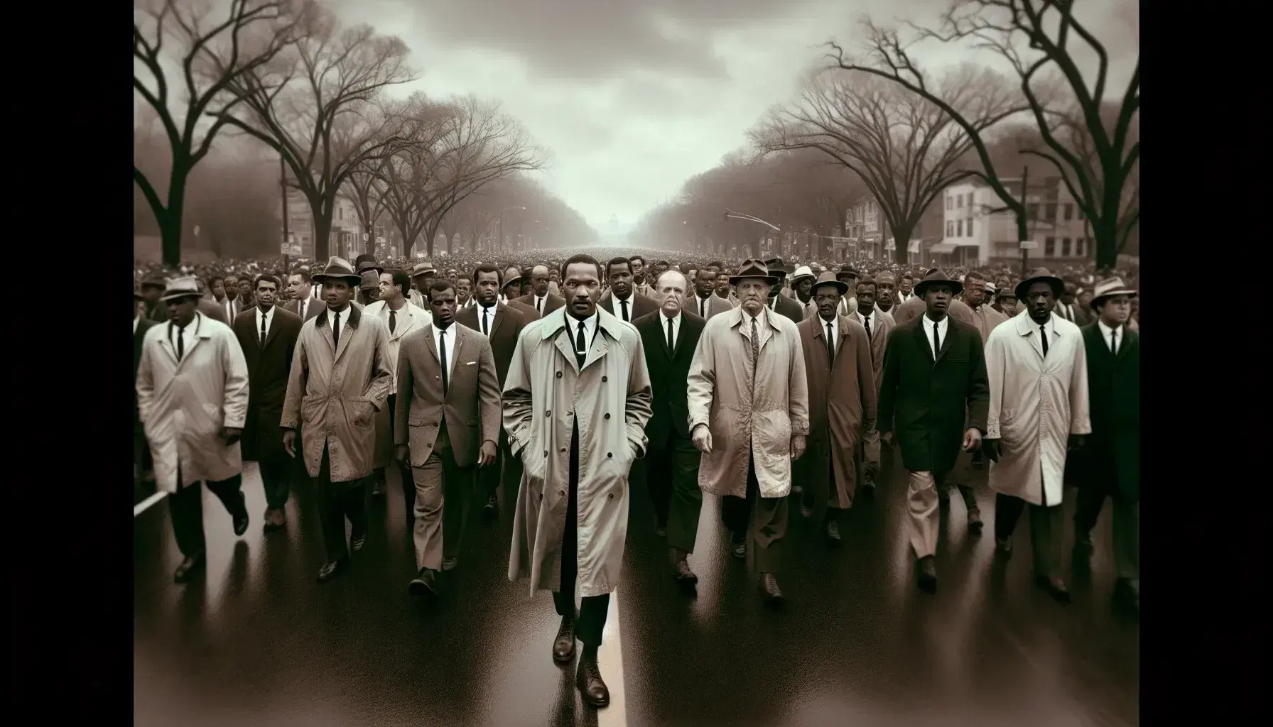 Civil rights march with diverse participants and a young man in a tan trench coat at the forefront, symbolizing unity and determination on a leafless tree-lined street.