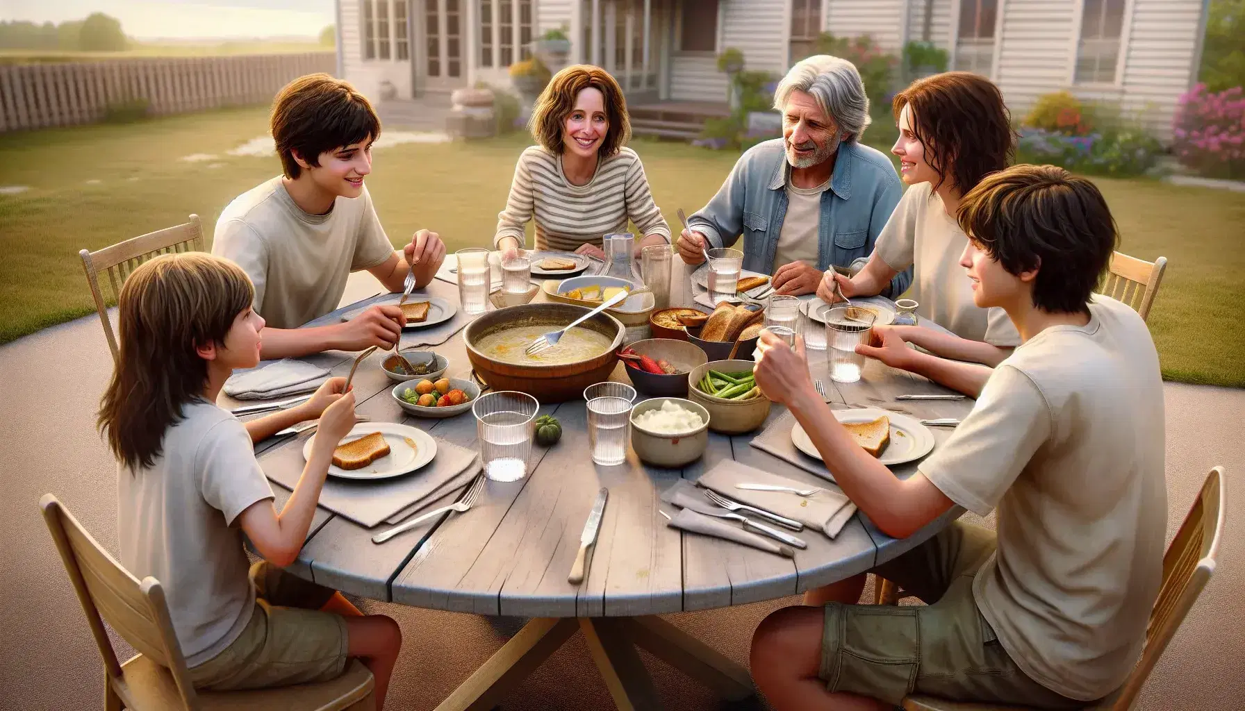 Familia disfrutando de una comida al aire libre en una mesa redonda con mantel blanco, rodeados de vegetación y bajo un cielo azul despejado.