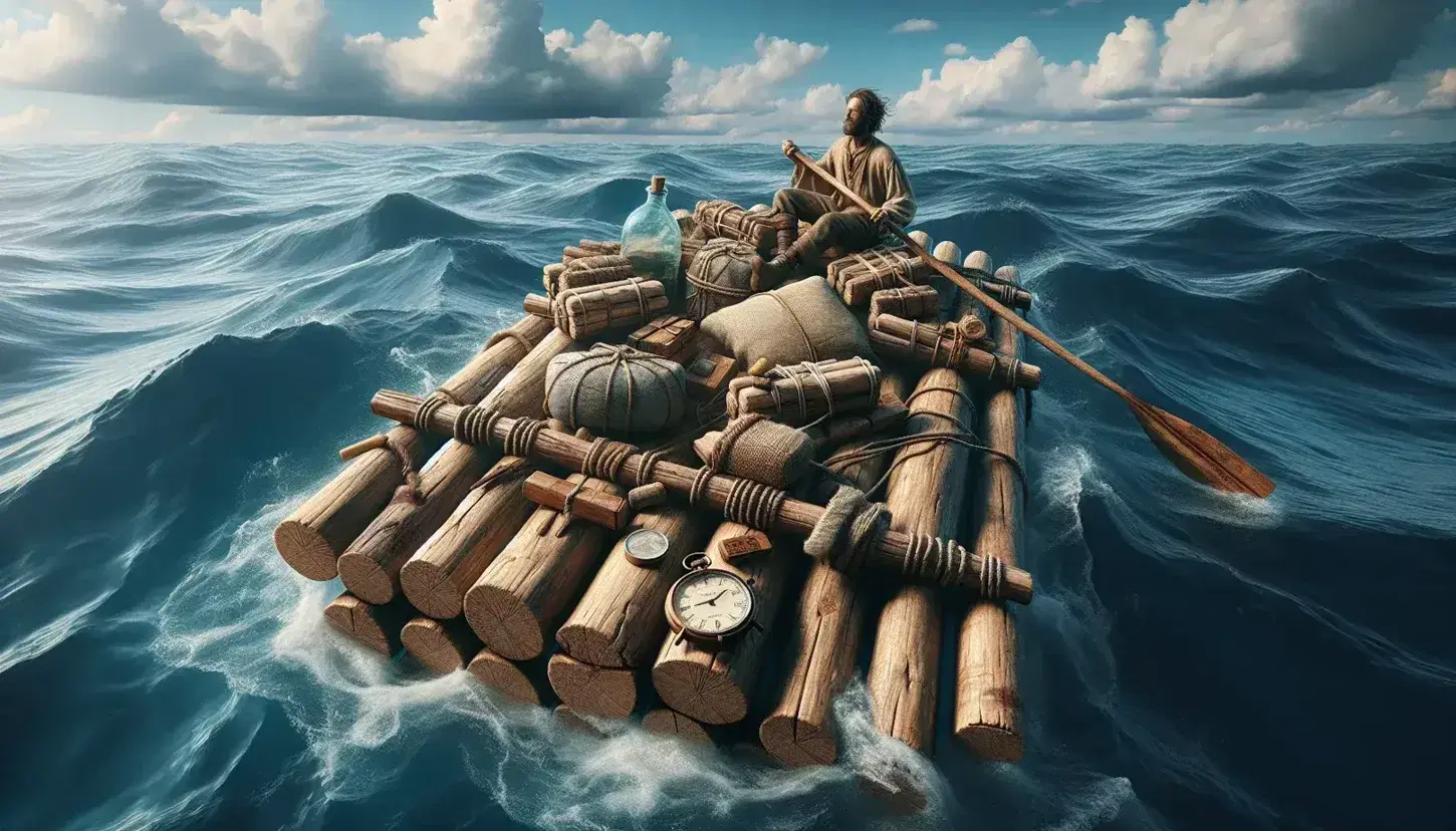 Balsa de madera con persona luchando por navegar en mar abierto, rodeada de objetos personales y bajo un cielo nublado.