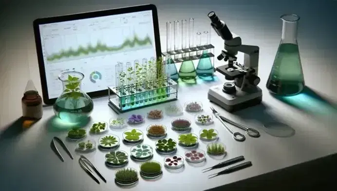 Laboratory with seedlings in Petri dishes, microscope, beaker with colored liquids, tweezers, scalpel and tablet with graphs.