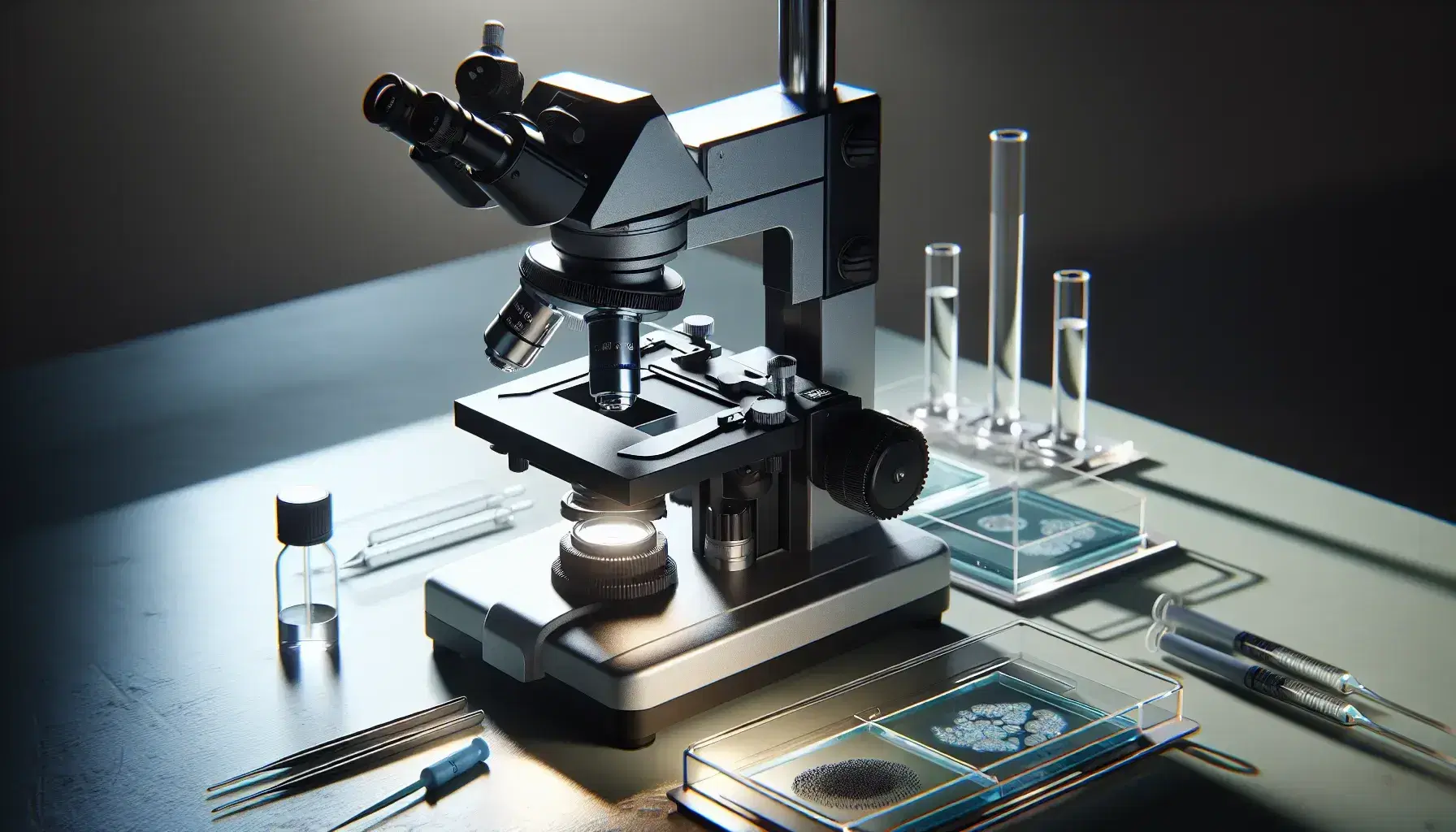 Microscopio ottico bicolore su tavolo da laboratorio con lenti di ingrandimento, vetrini preparati e pipette, sfondo sfocato di armadietti.