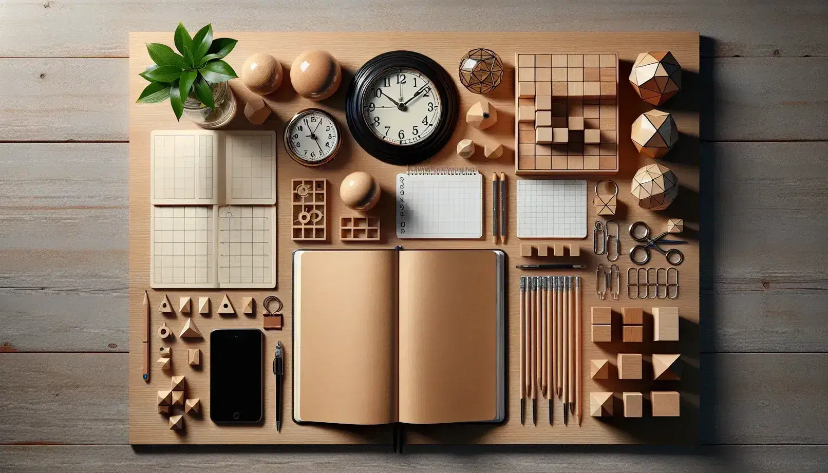 Organized wooden desk with an open blank notebook, a detached analog clock, a glass sphere, geometric wooden blocks, a green potted plant, and a silver compass.