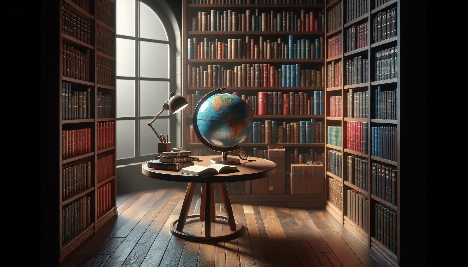 Biblioteca acogedora con estantes de madera oscura llenos de libros coloridos, mesa con globo terráqueo y lupa, y silla con cojín rojo.