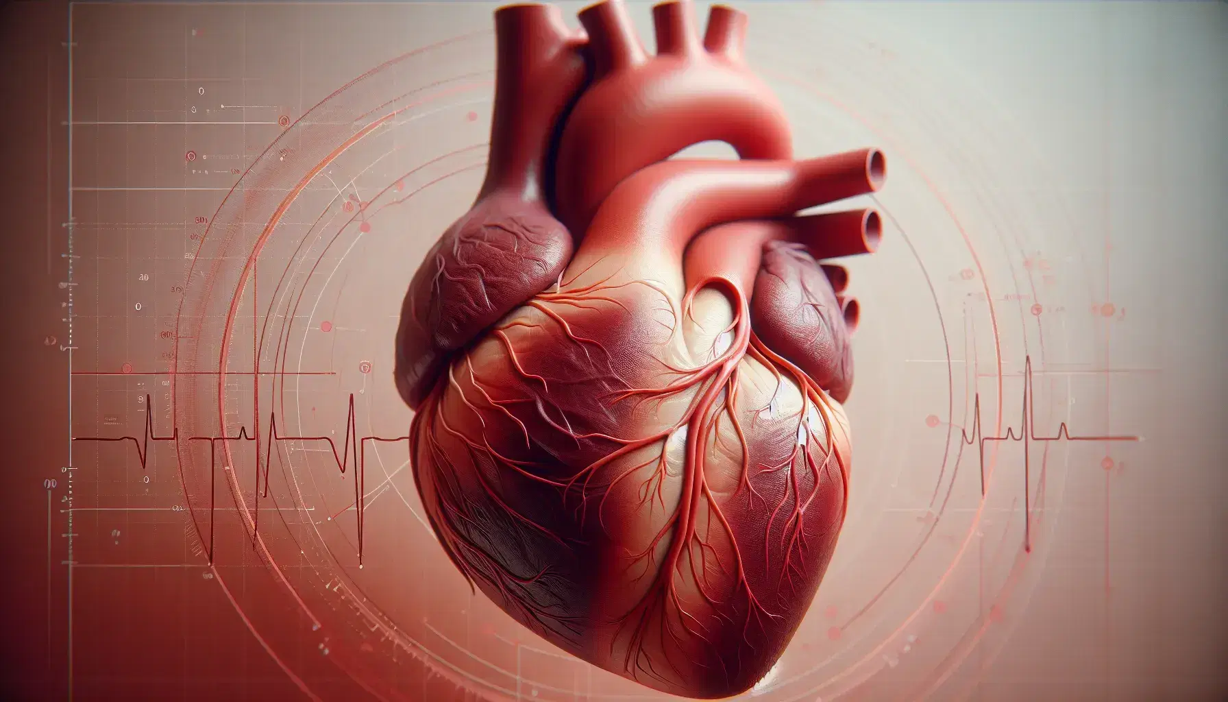 Modelo anatómico detallado de un corazón humano realista con tonalidades rojas, mostrando ventrículos, arterias y sistema de conducción cardíaco en fondo neutro.